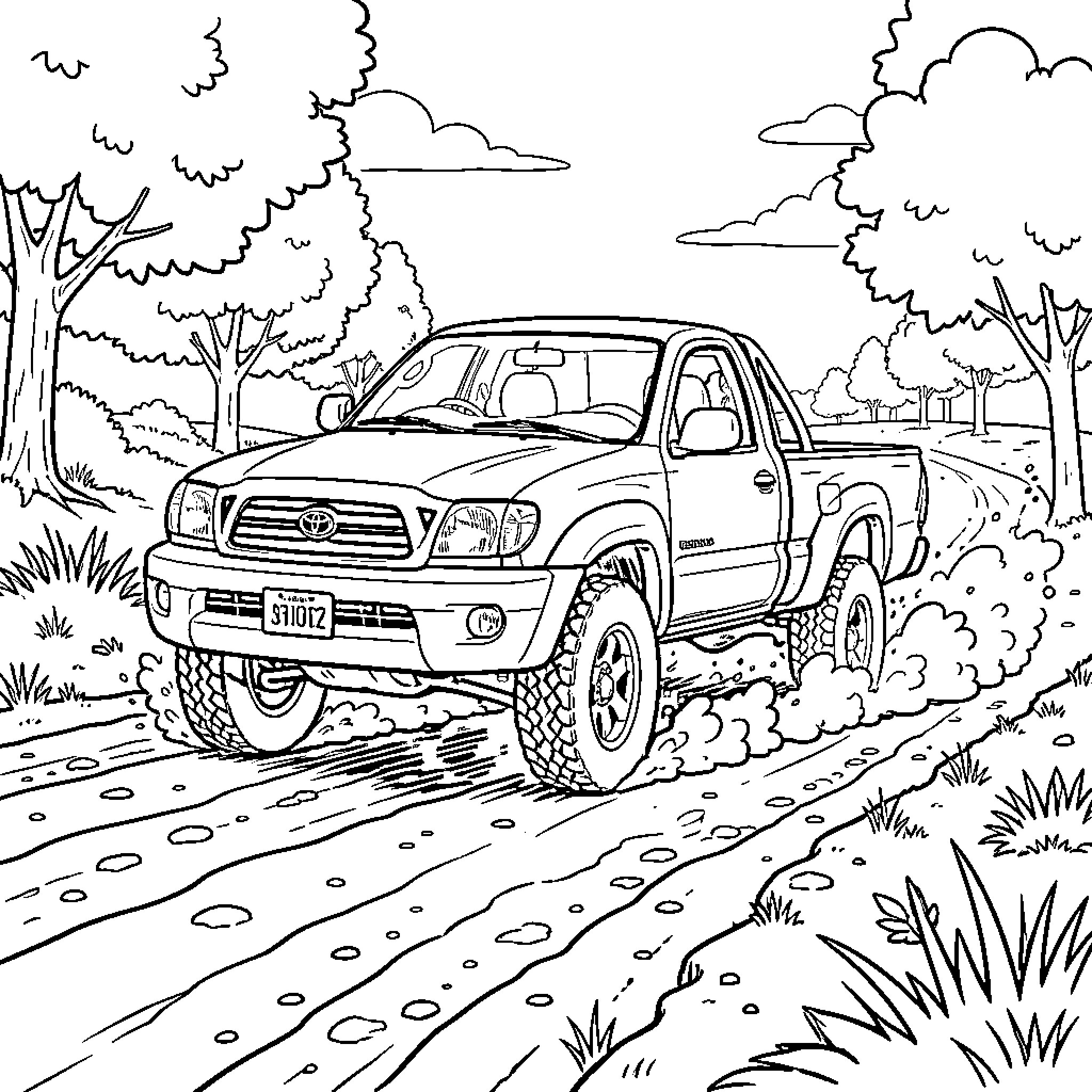Toyota Tacoma off-roading in rugged landscape Coloring Page (free black-and-white line drawing printable PDF for all, from beginners to advanced learners, including children, teens, adults, and seniors)