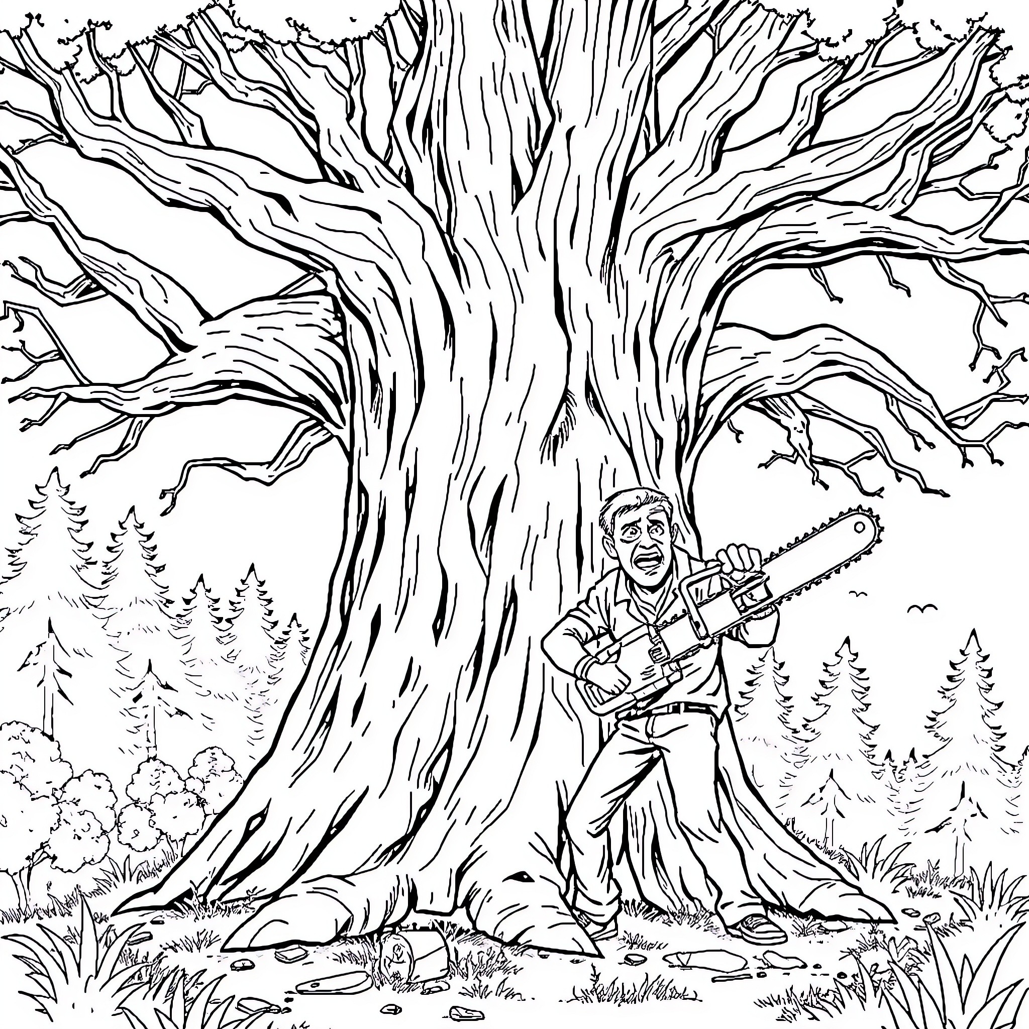 Tree with a man holding a chainsaw in the forest Coloring Page (free black-and-white line drawing printable PDF for all, from beginners to advanced learners, including children, teens, adults, and seniors)