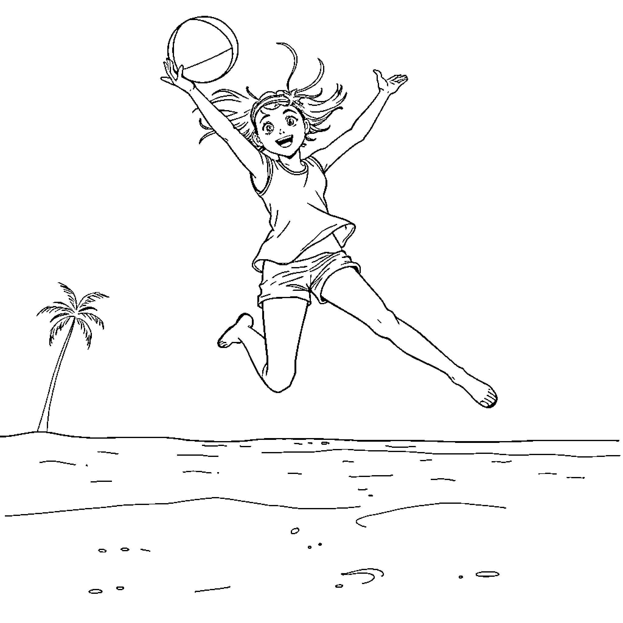 Girl jumping joyfully on the beach Coloring Page (free black-and-white line drawing printable PDF for all, from beginners to advanced learners, including children, teens, adults, and seniors)