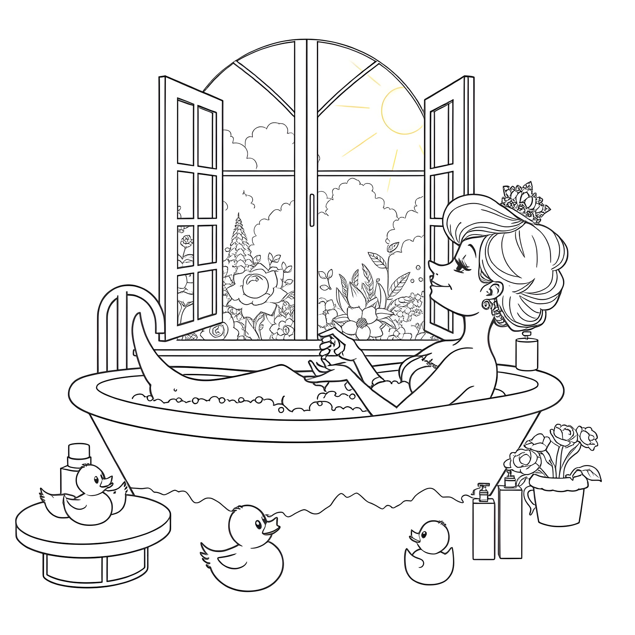 Lady Kluck relaxing in a cozy bathtub surrounded by nature Coloring Page (free black-and-white line drawing printable PDF for all, from beginners to advanced learners, including children, teens, adults, and seniors)