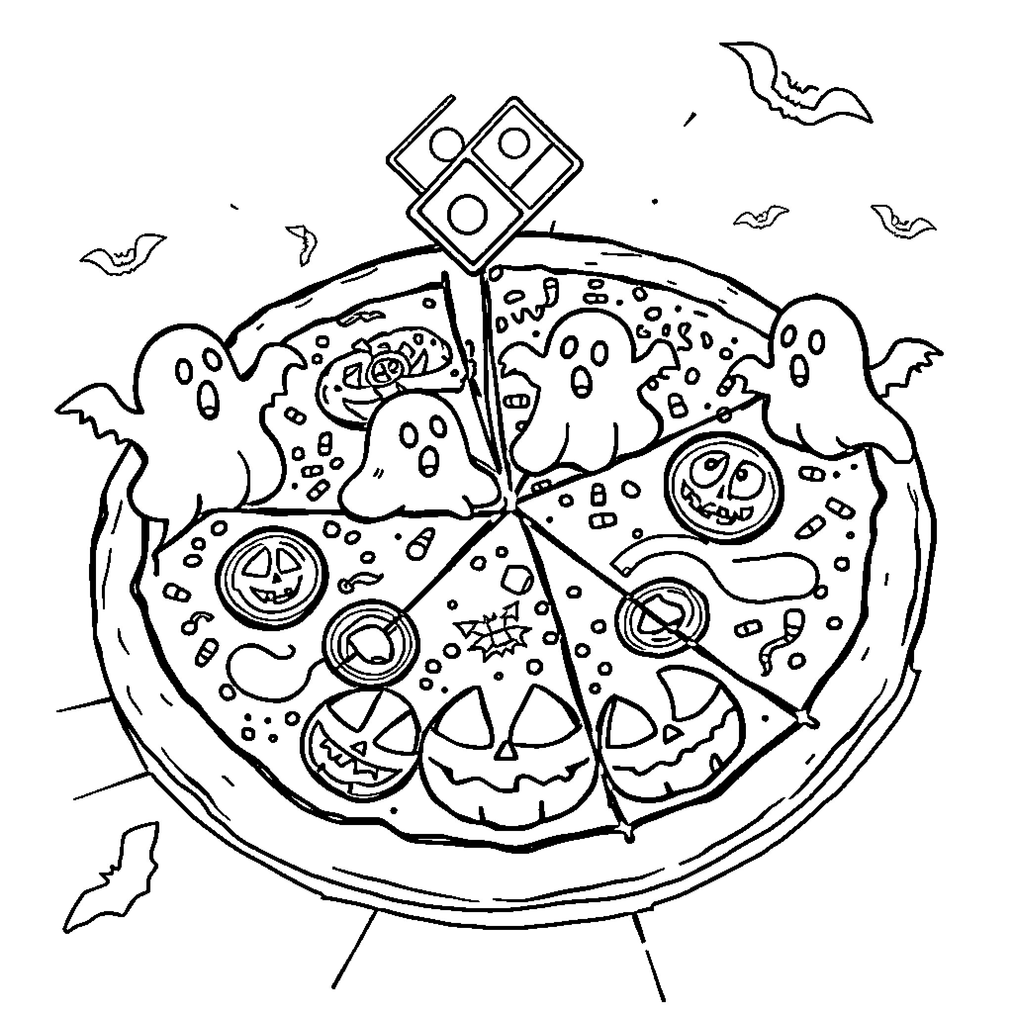 Pizza with Halloween-themed toppings and decorations Coloring Page (free black-and-white line drawing printable PDF for all, from beginners to advanced learners, including children, teens, adults, and seniors)