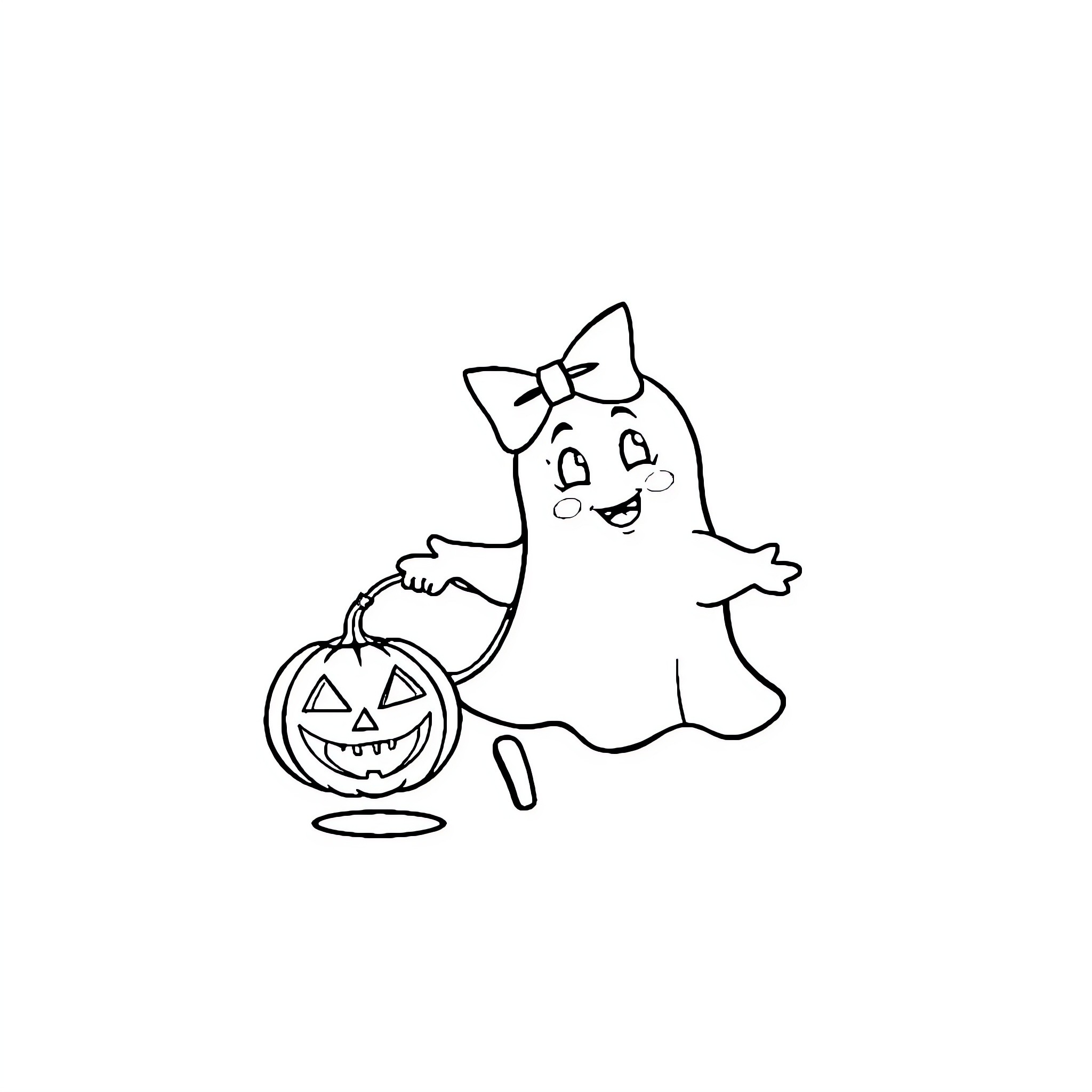 Ghost carrying a Halloween pumpkin basket Coloring Page (free black-and-white line drawing printable PDF for all, from beginners to advanced learners, including children, teens, adults, and seniors)