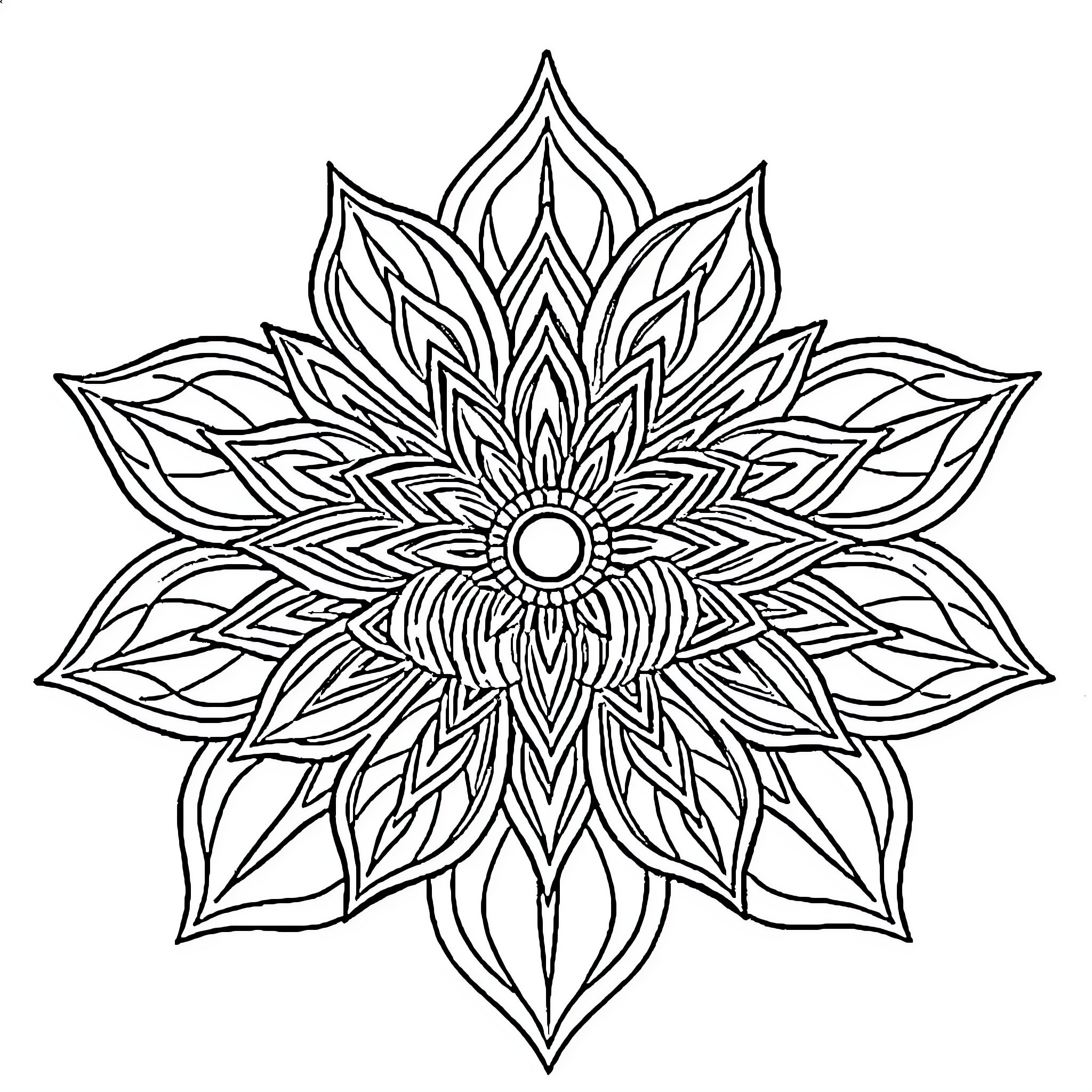 Lotus Flower Mandala Design Coloring Page (free black-and-white line drawing printable PDF for all, from beginners to advanced learners, including children, teens, adults, and seniors)