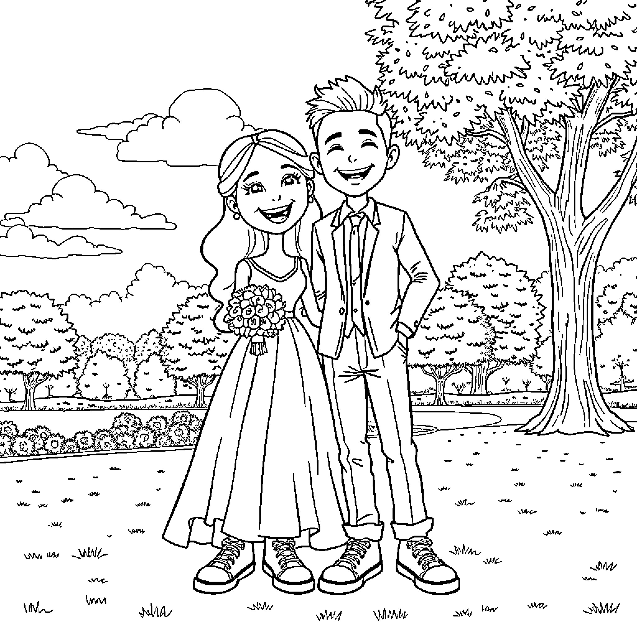 Bride and Groom in a Scenic Outdoor Setting Coloring Page (free black-and-white line drawing printable PDF for all, from beginners to advanced learners, including children, teens, adults, and seniors)