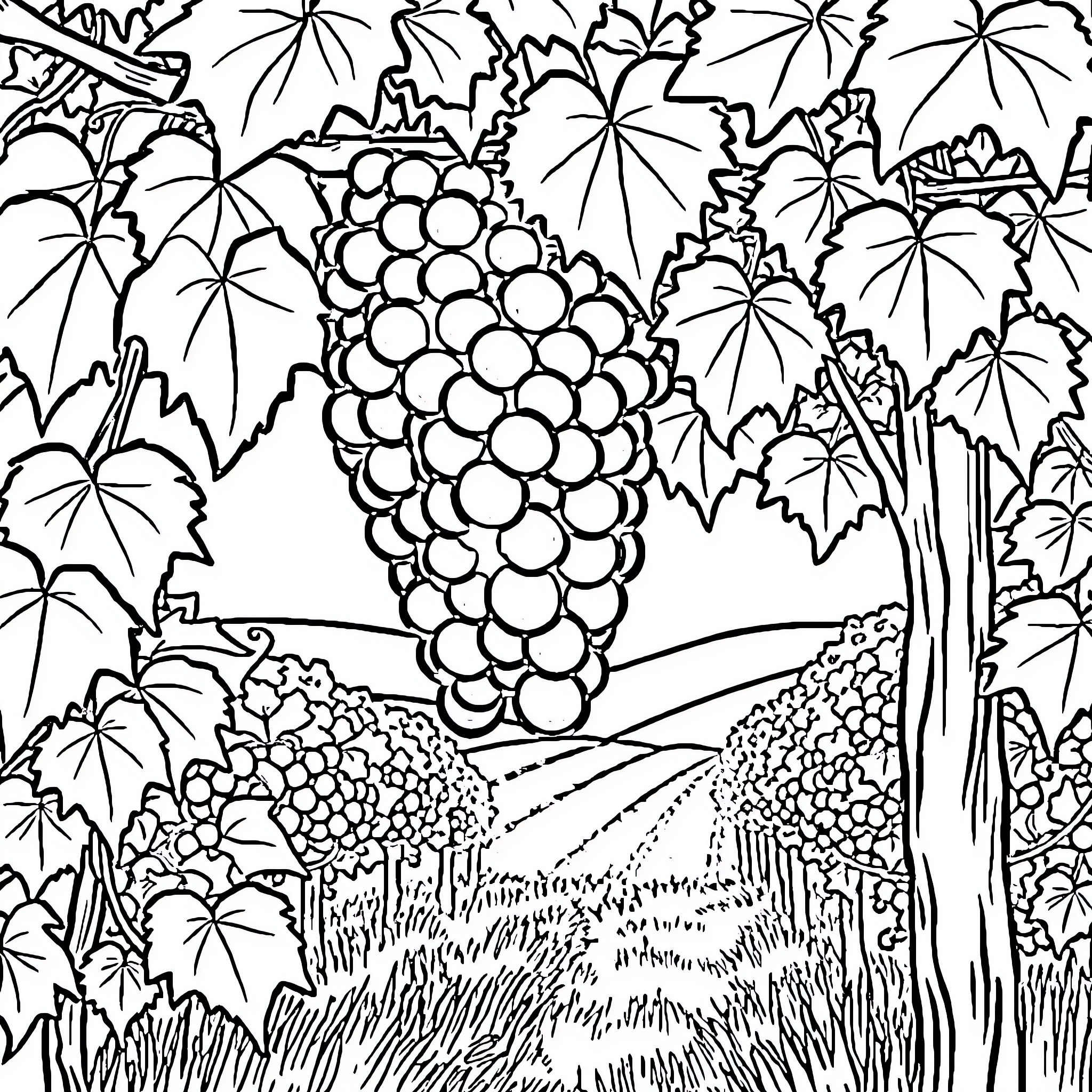 Grape Vineyard Landscape Coloring Page (free black-and-white line drawing printable PDF for all, from beginners to advanced learners, including children, teens, adults, and seniors)