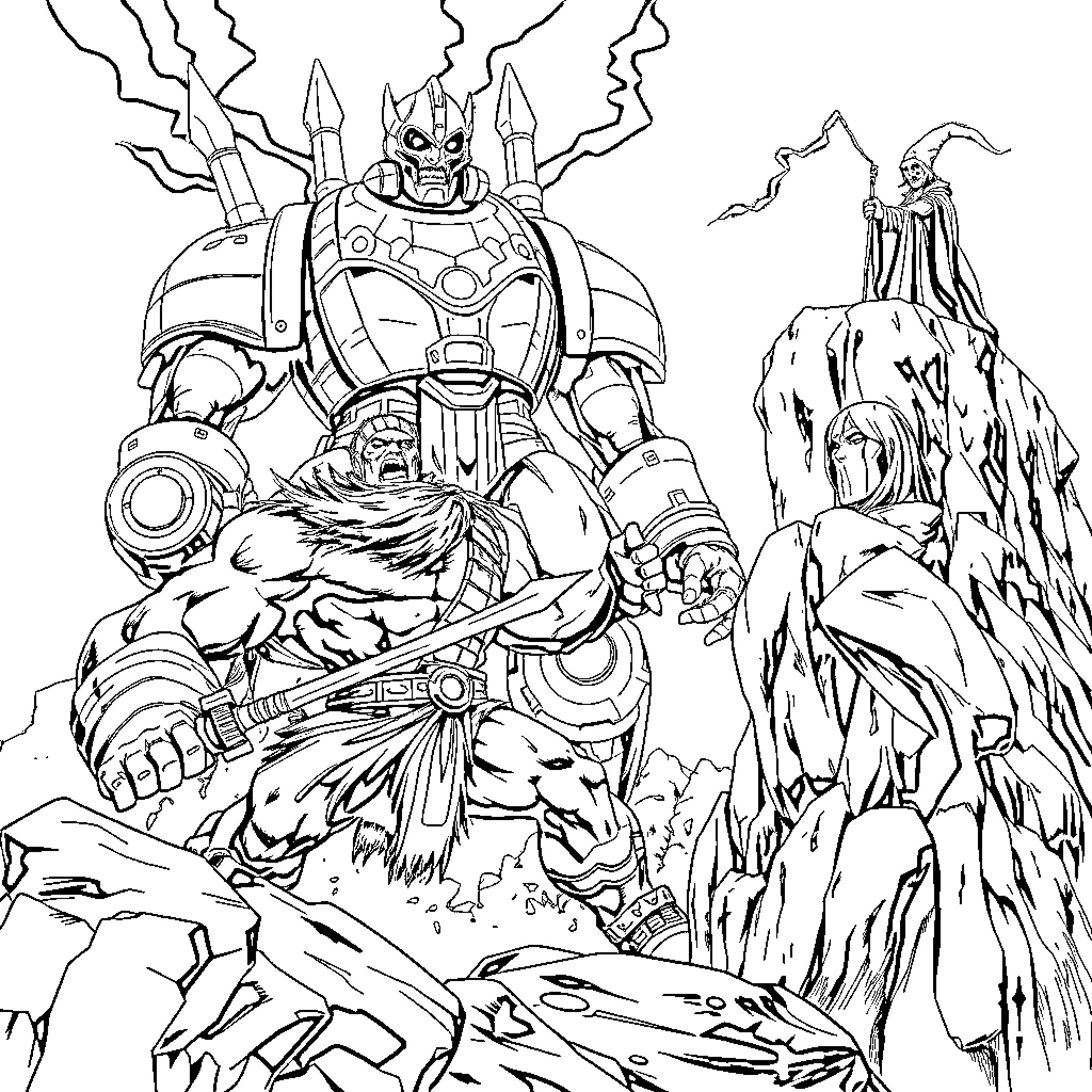 Thundarr the Barbarian in action-packed adventure Coloring Page (free black-and-white line drawing printable PDF for all, from beginners to advanced learners, including children, teens, adults, and seniors)