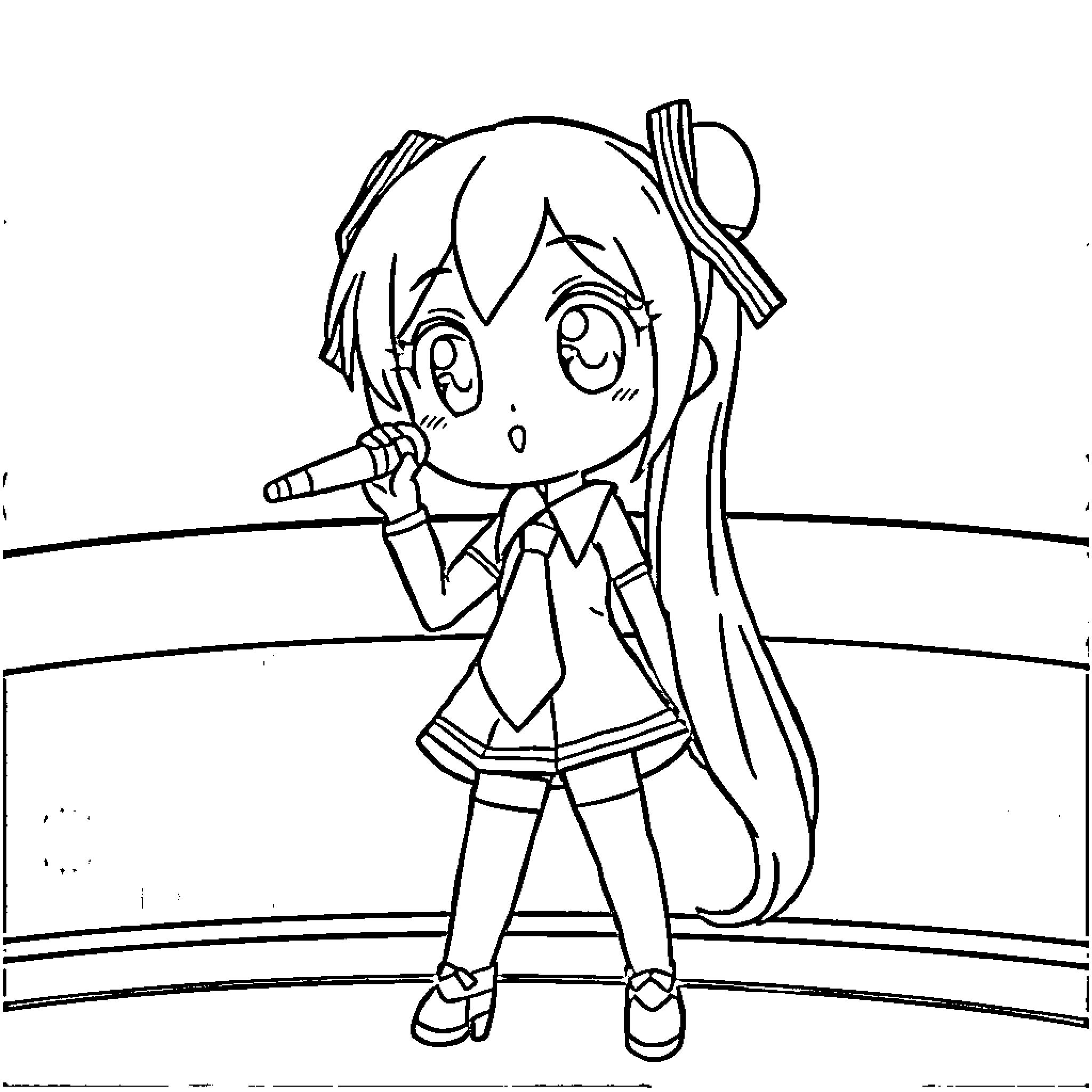 Miku performing on stage with microphone Coloring Page (free black-and-white line drawing printable PDF for all, from beginners to advanced learners, including children, teens, adults, and seniors)