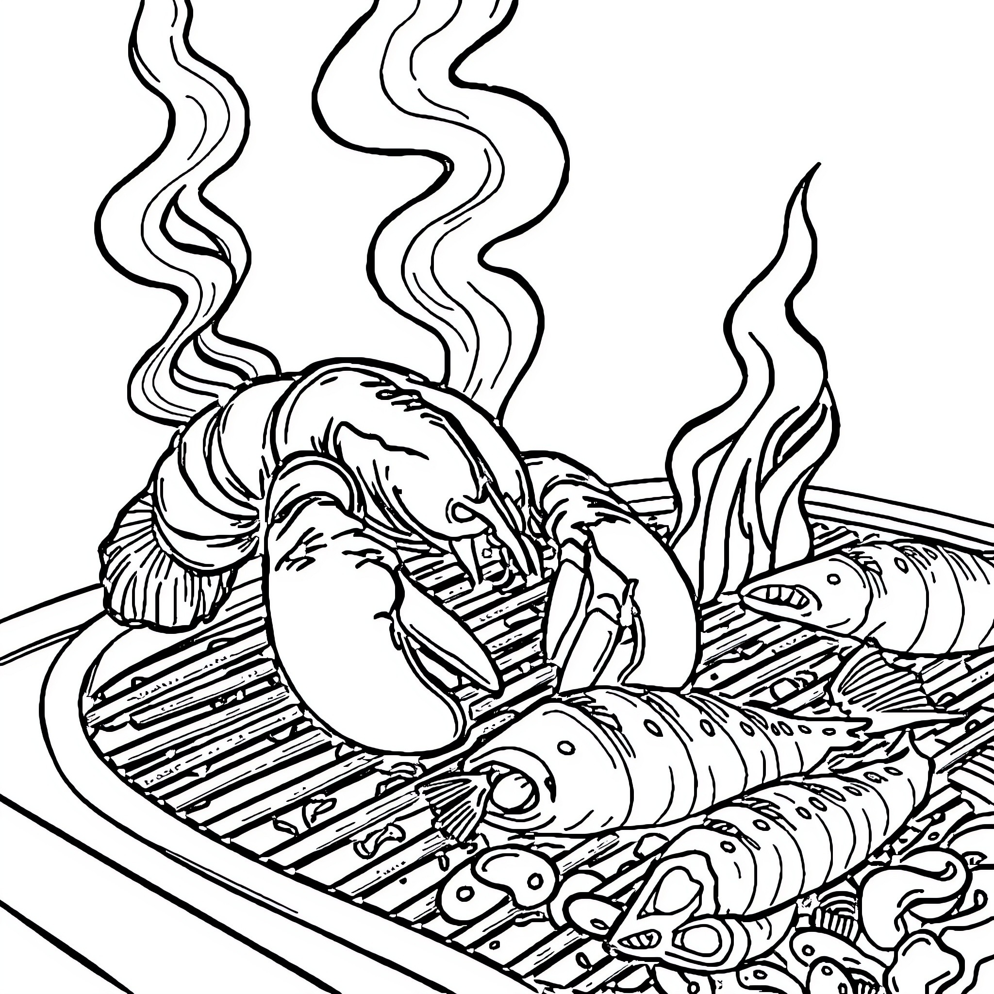 Lobster feast with delectable seafood Coloring Page (free black-and-white line drawing printable PDF for all, from beginners to advanced learners, including children, teens, adults, and seniors)