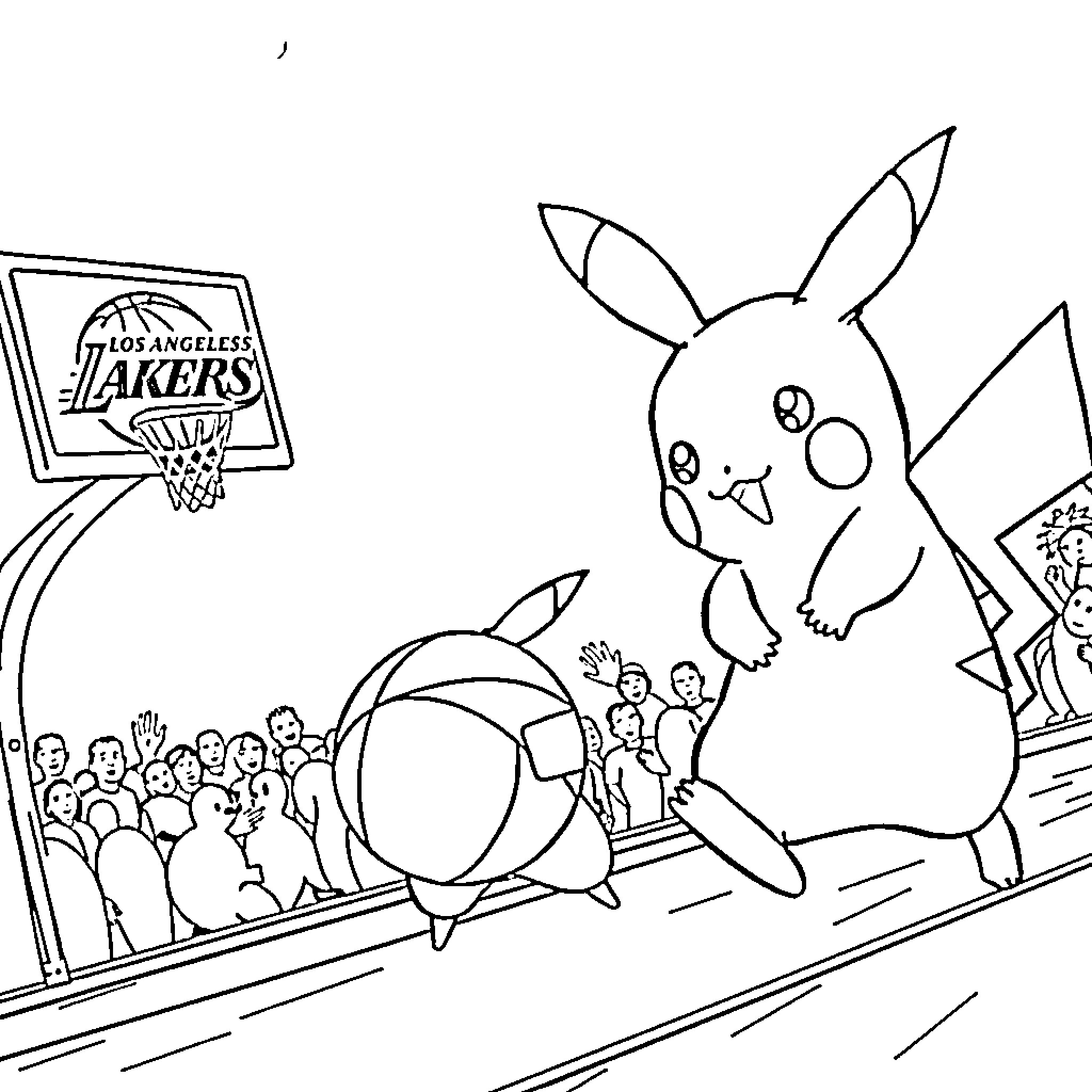 Pikachu playing basketball with crowd Coloring Page (free black-and-white line drawing printable PDF for all, from beginners to advanced learners, including children, teens, adults, and seniors)