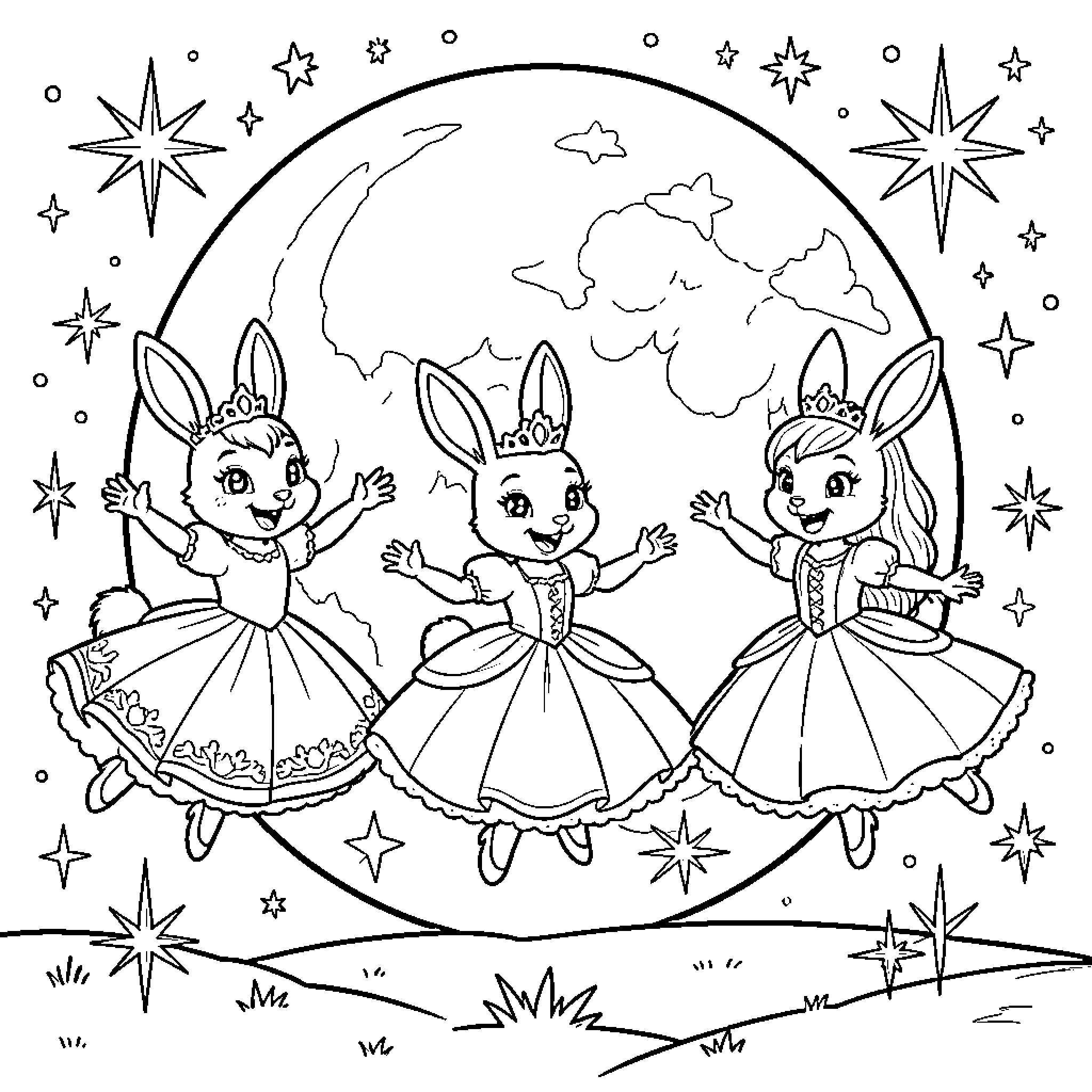 Conejo princesses dancing under the starry night Coloring Page (free black-and-white line drawing printable PDF for all, from beginners to advanced learners, including children, teens, adults, and seniors)