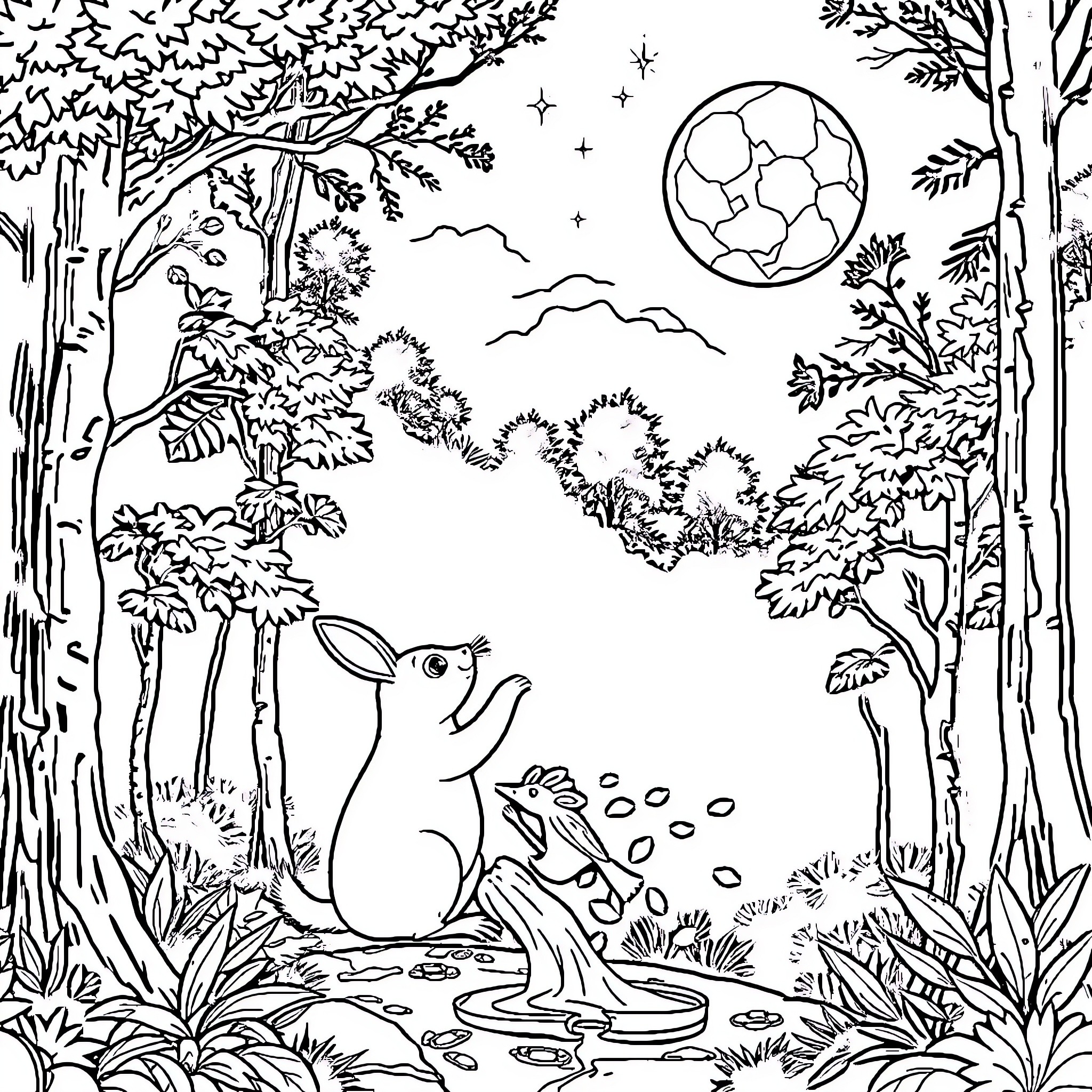 Rabbit Enjoying a Peaceful Night in the Forest Coloring Page (free black-and-white line drawing printable PDF for all, from beginners to advanced learners, including children, teens, adults, and seniors)