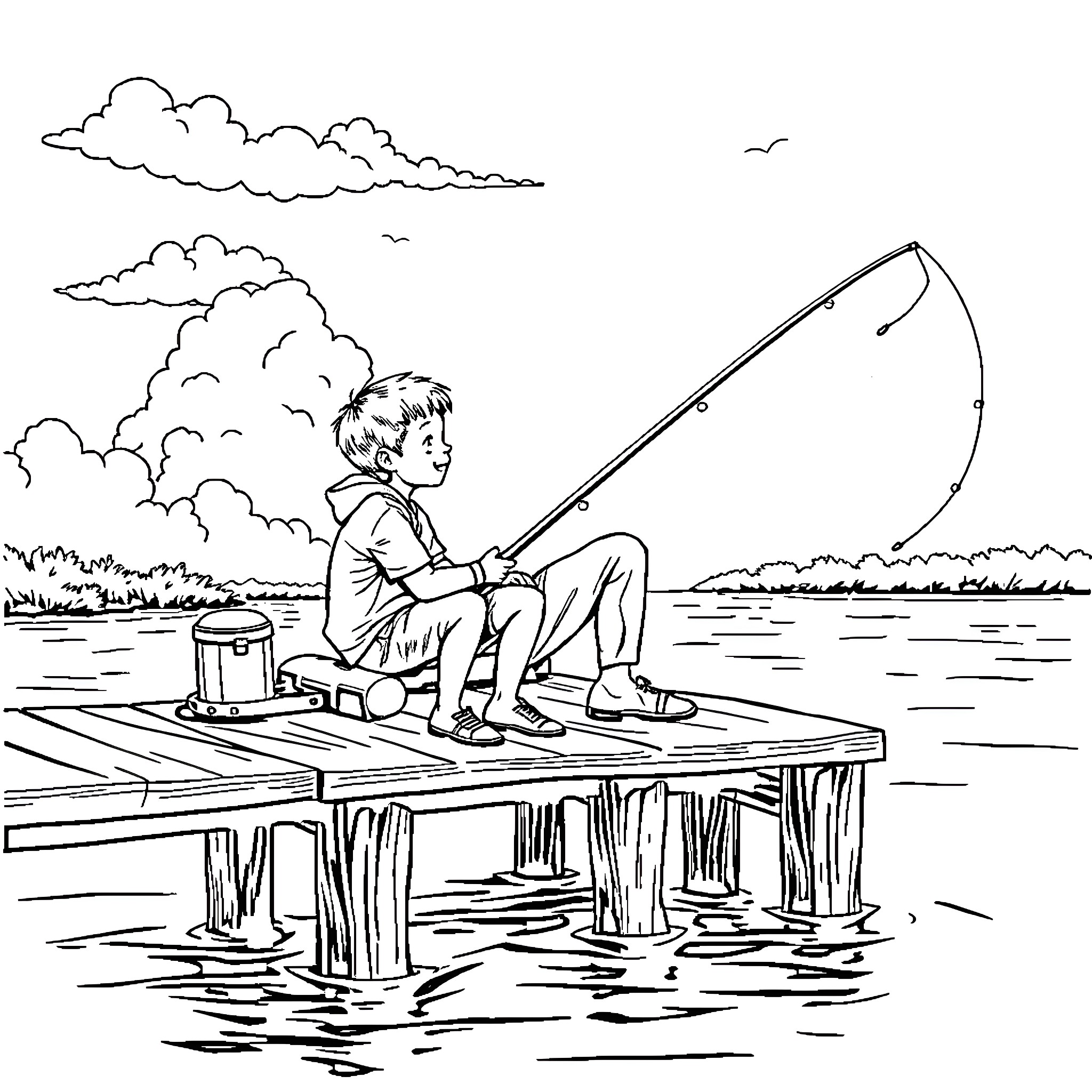 Boy fishing on a wooden dock by the lake Coloring Page (free black-and-white line drawing printable PDF for all, from beginners to advanced learners, including children, teens, adults, and seniors)
