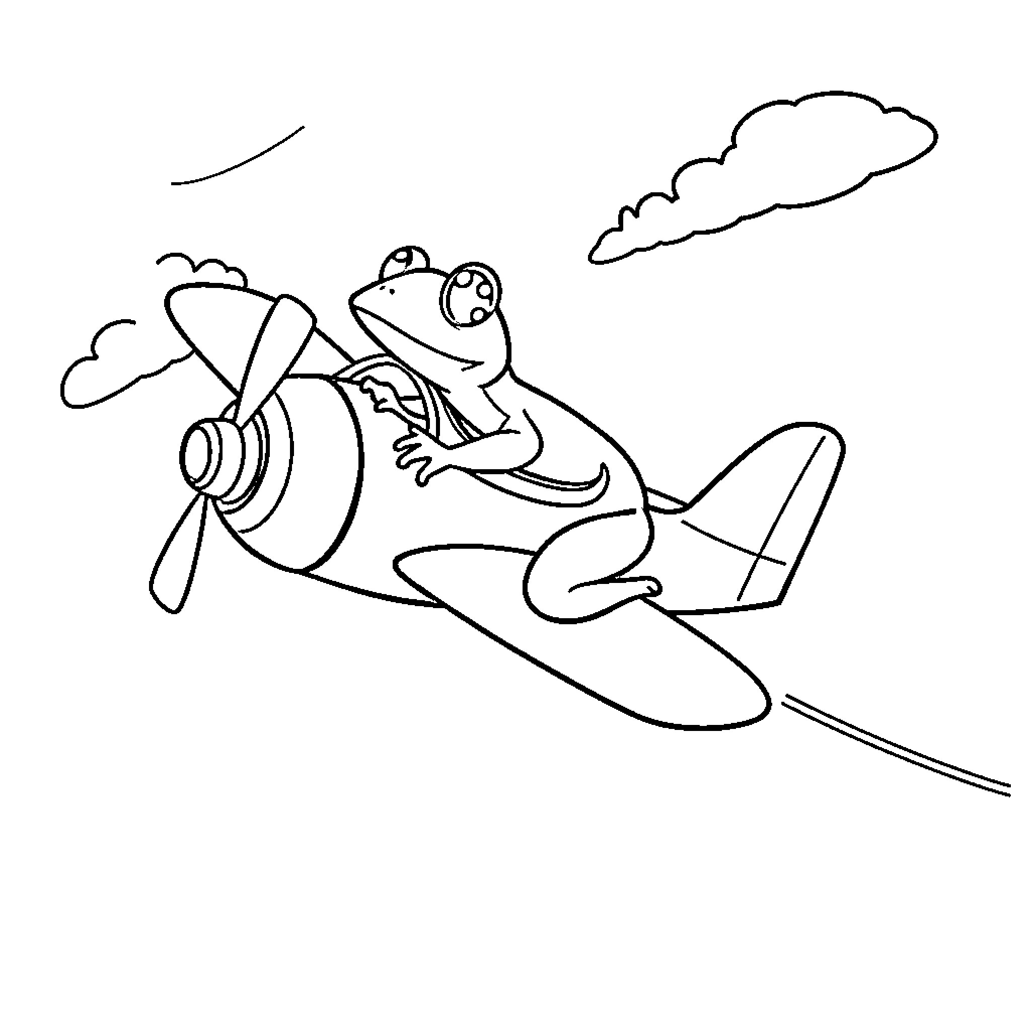 Frog flying an airplane in the sky Coloring Page (free black-and-white line drawing printable PDF for all, from beginners to advanced learners, including children, teens, adults, and seniors)