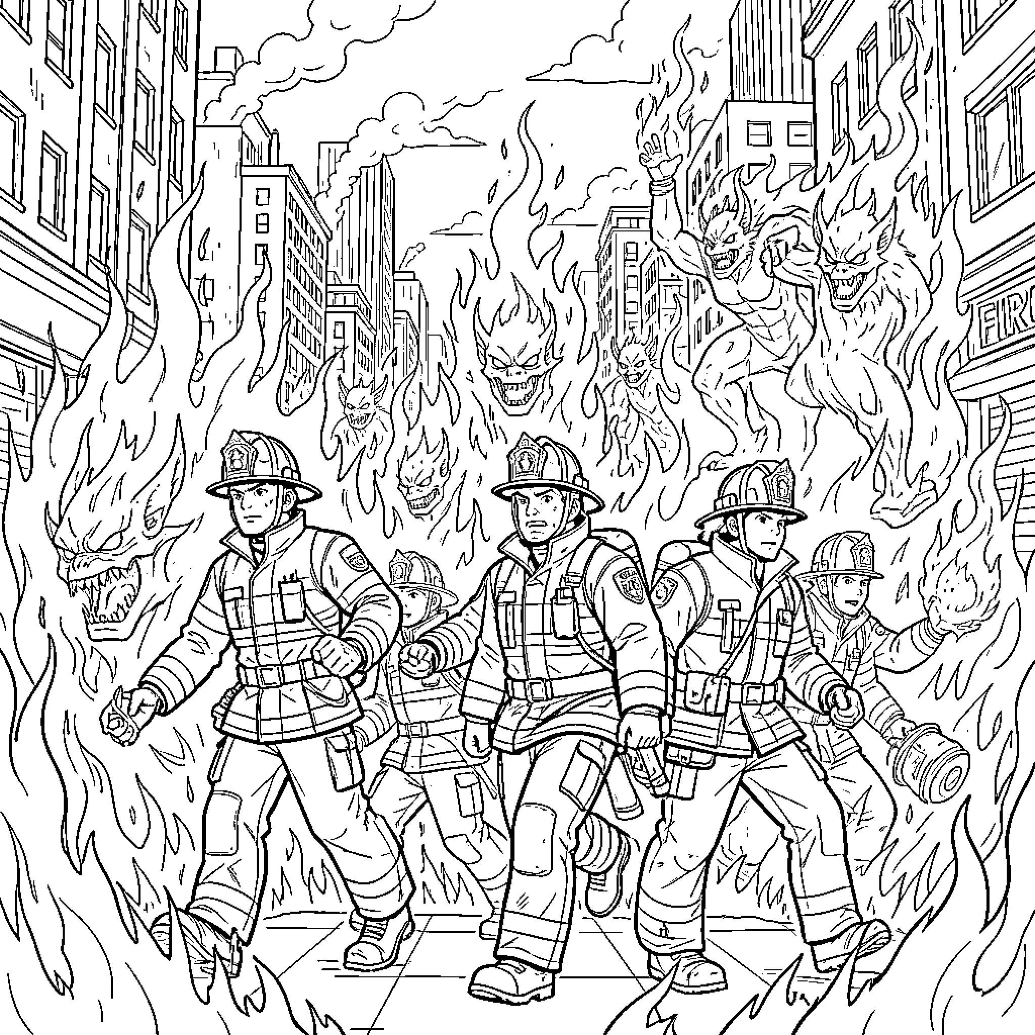 Fire Force: Firefighters Battling Blazes in the City Coloring Page (free black-and-white line drawing printable PDF for all, from beginners to advanced learners, including children, teens, adults, and seniors)