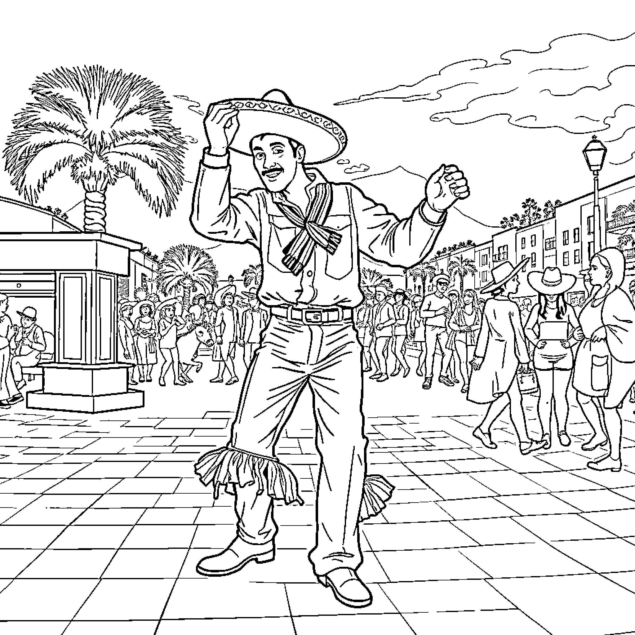 Gaucho dancing energetically in a lively festival Coloring Page (free black-and-white line drawing printable PDF for all, from beginners to advanced learners, including children, teens, adults, and seniors)