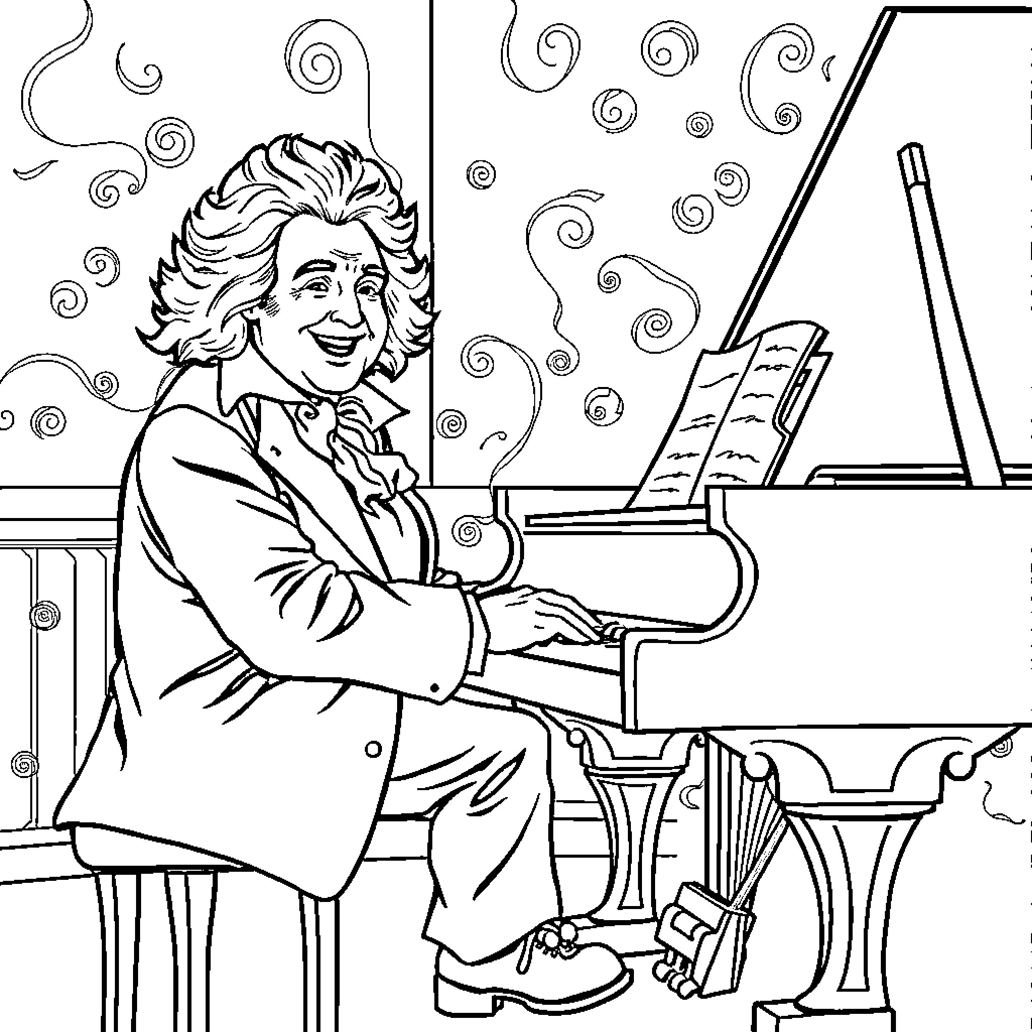 Beethoven Composing at the Piano with Swirling Inspiration Coloring Page (free black-and-white line drawing printable PDF for all, from beginners to advanced learners, including children, teens, adults, and seniors)