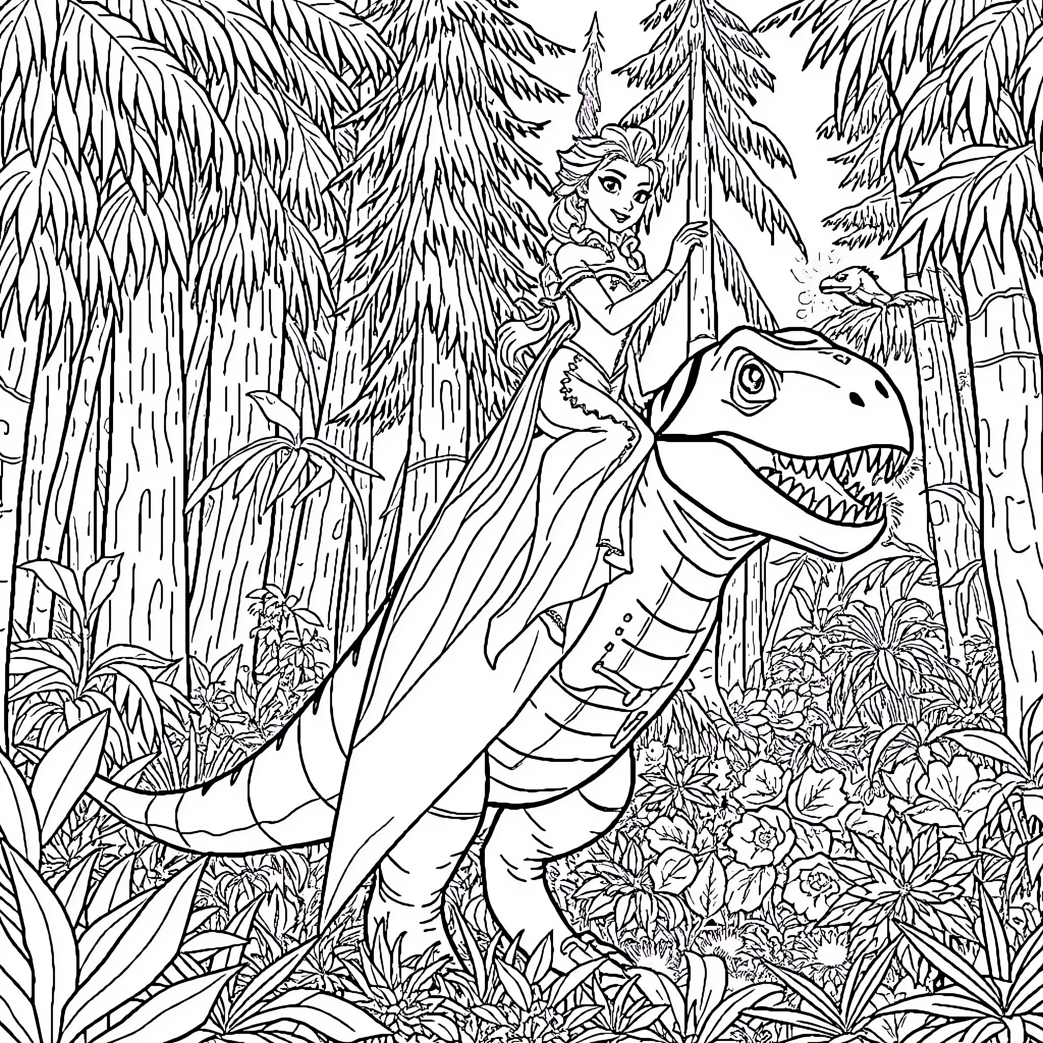 Elsa's Adventure Riding a Dinosaur in the Enchanted Forest Coloring Page (free black-and-white line drawing printable PDF for all, from beginners to advanced learners, including children, teens, adults, and seniors)
