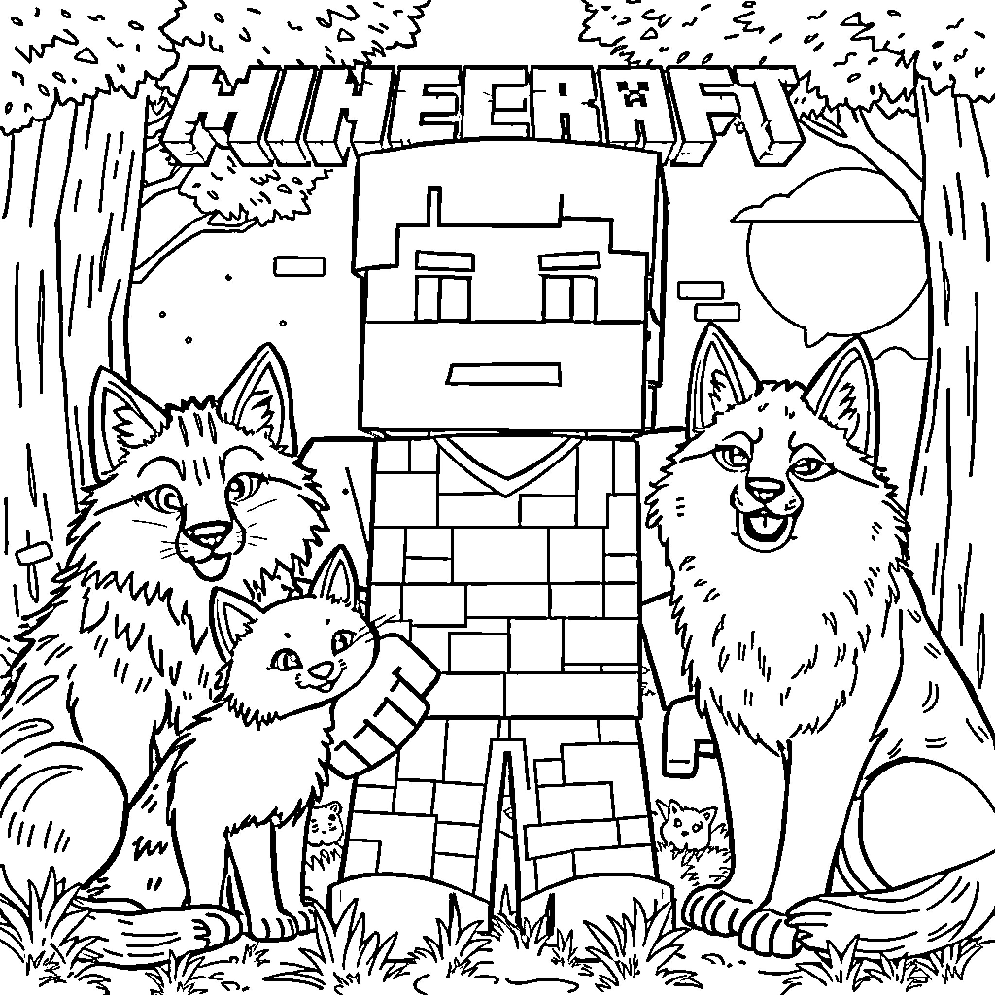 Steve standing with friendly wolves in a forest Coloring Page (free black-and-white line drawing printable PDF for all, from beginners to advanced learners, including children, teens, adults, and seniors)