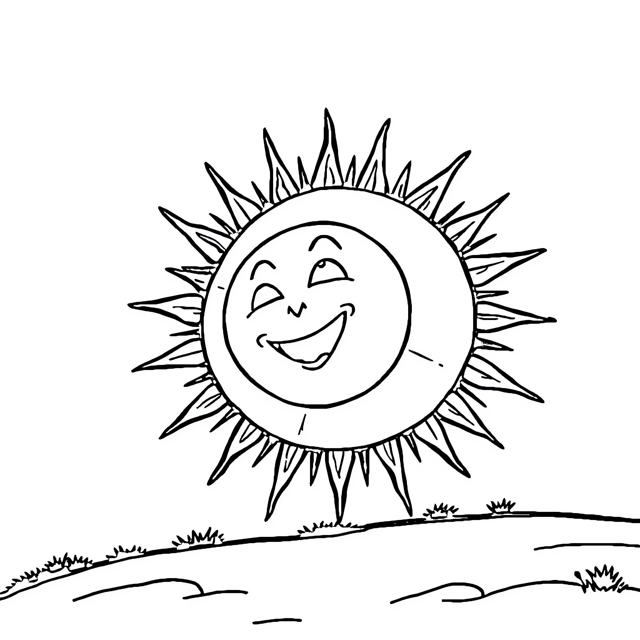 Solar Ball Cheerful Sun in Landscape Coloring Page (free black-and-white line drawing printable PDF for all, from beginners to advanced learners, including children, teens, adults, and seniors)