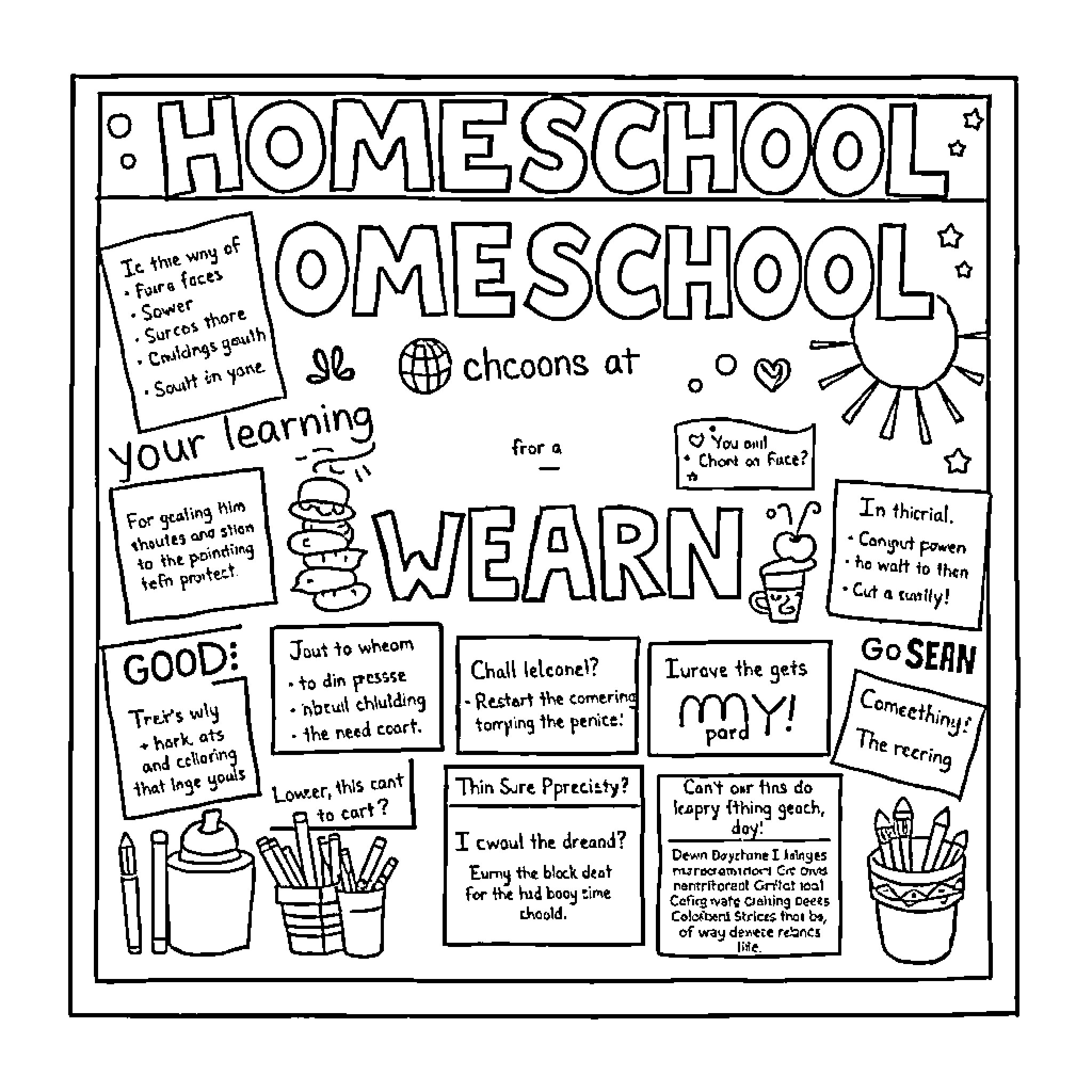 Vision Board for Homeschool Learning and Activities Coloring Page (free black-and-white line drawing printable PDF for all, from beginners to advanced learners, including children, teens, adults, and seniors)