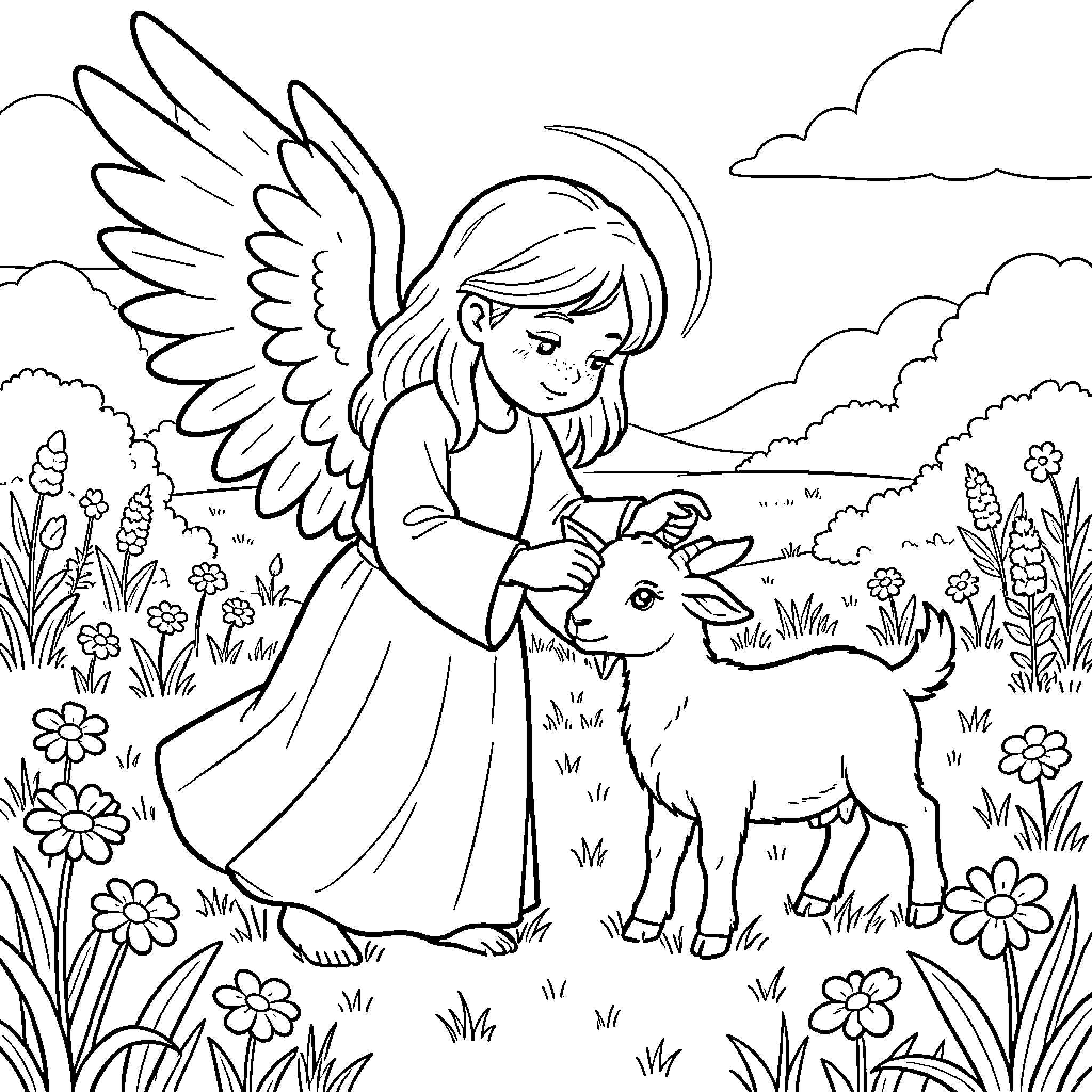 Angel gently petting a small goat in a meadow Coloring Page (free black-and-white line drawing printable PDF for all, from beginners to advanced learners, including children, teens, adults, and seniors)