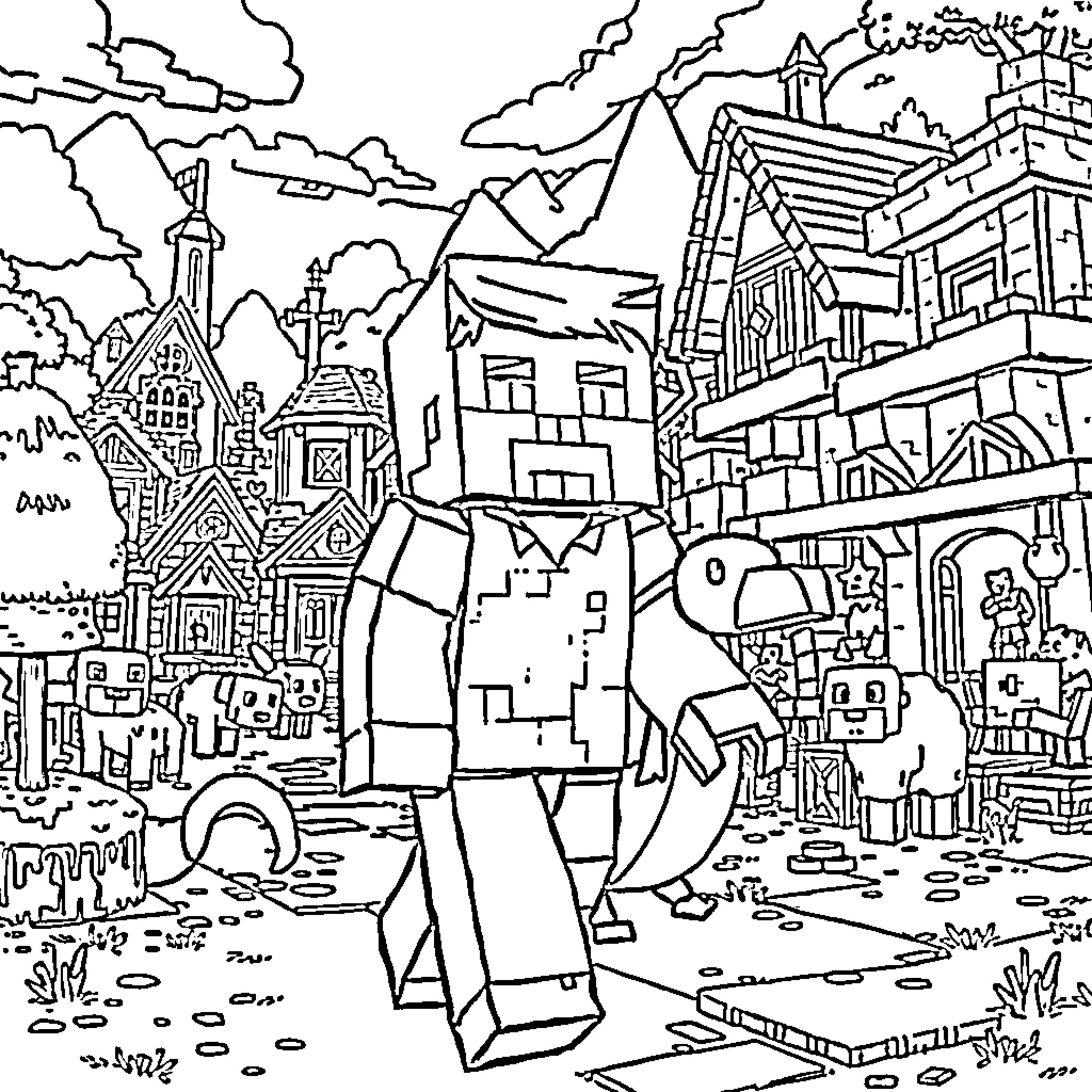 Steve explores the whimsical medieval town Coloring Page (free black-and-white line drawing printable PDF for all, from beginners to advanced learners, including children, teens, adults, and seniors)