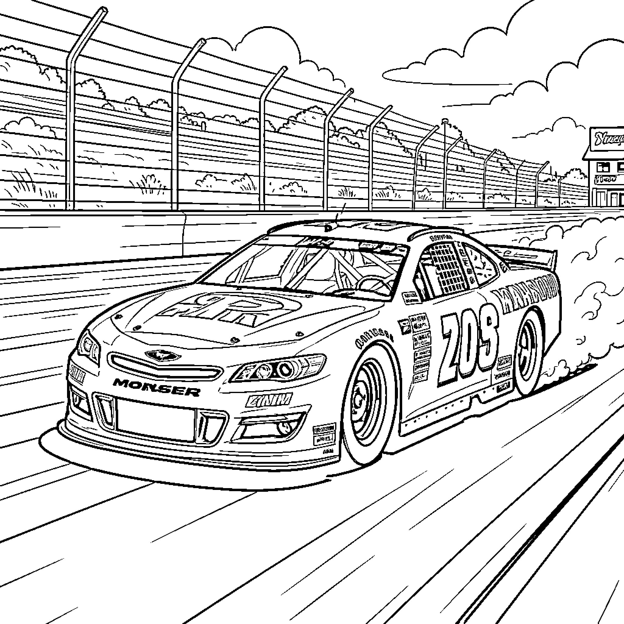 NASCAR Car Racing on the Track Coloring Page (free black-and-white line drawing printable PDF for all, from beginners to advanced learners, including children, teens, adults, and seniors)