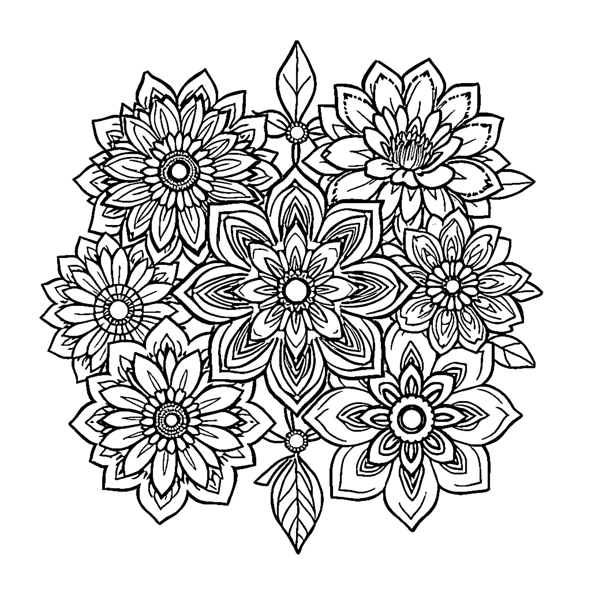 Flower Mandala with Intricate Floral Designs Coloring Page (free black-and-white line drawing printable PDF for all, from beginners to advanced learners, including children, teens, adults, and seniors)