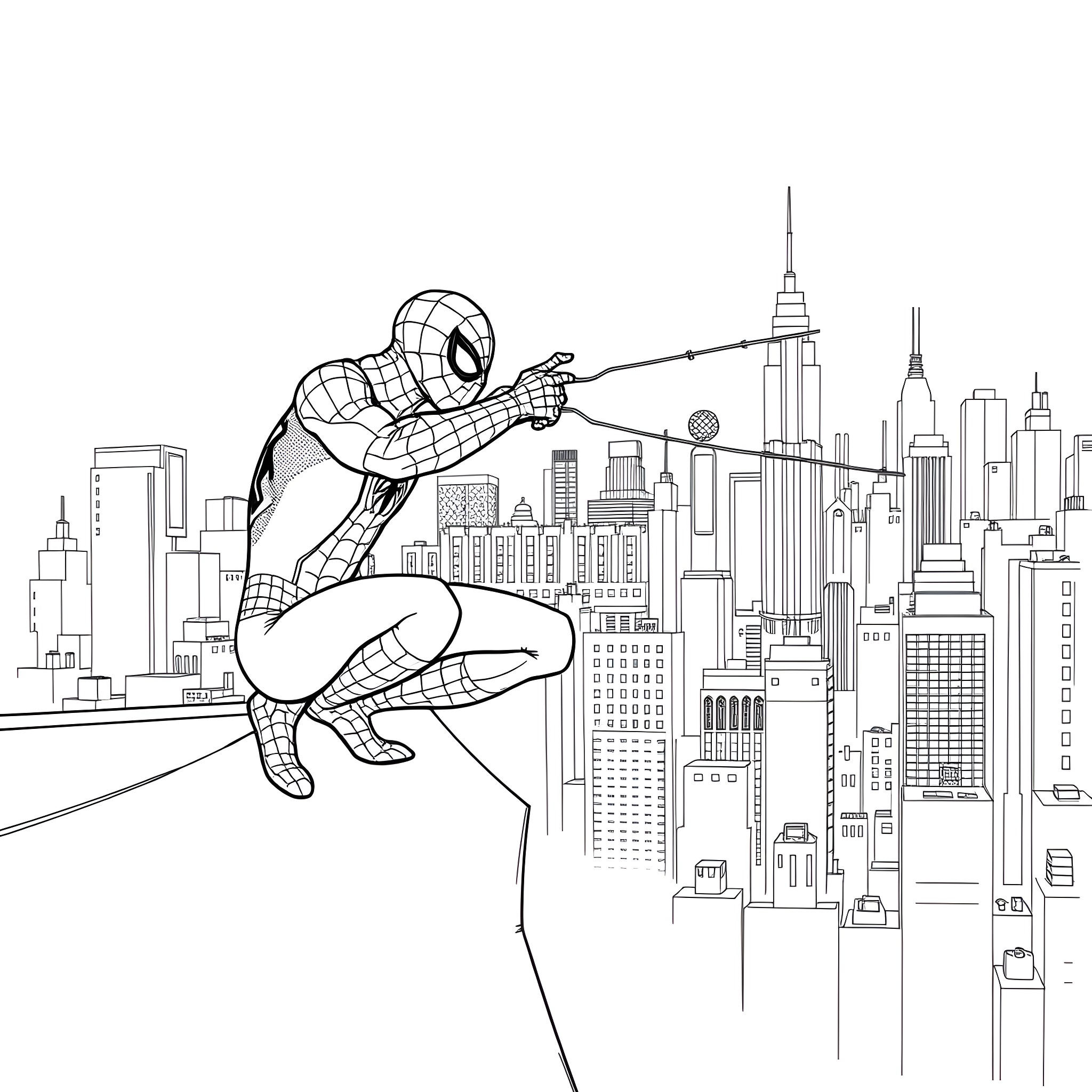 Spiderman swinging through the towering cityscape Coloring Page (free black-and-white line drawing printable PDF for all, from beginners to advanced learners, including children, teens, adults, and seniors)