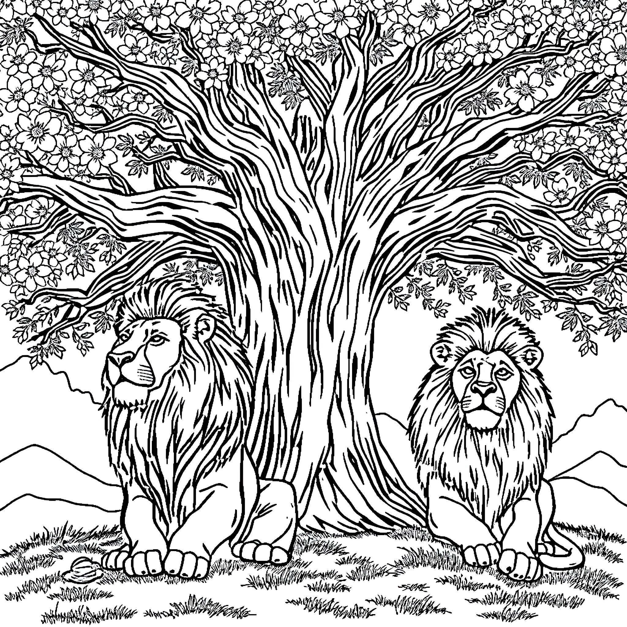 Lion majestic in the lush forest landscape Coloring Page (free black-and-white line drawing printable PDF for all, from beginners to advanced learners, including children, teens, adults, and seniors)