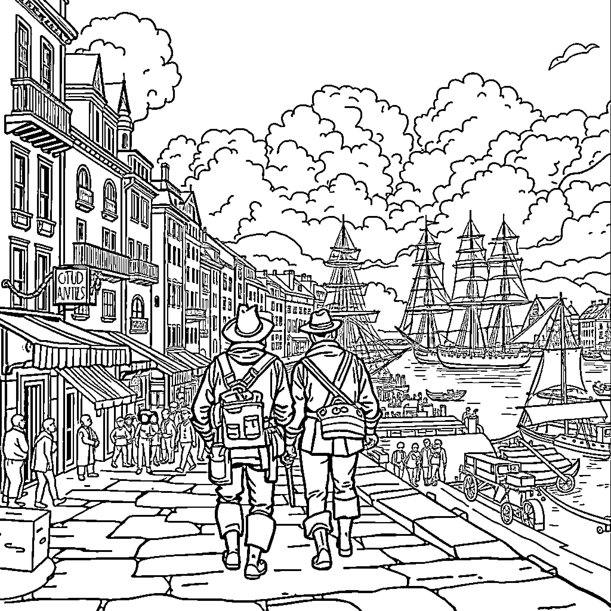 City scene with historical characters and ships Coloring Page (free black-and-white line drawing printable PDF for all, from beginners to advanced learners, including children, teens, adults, and seniors)