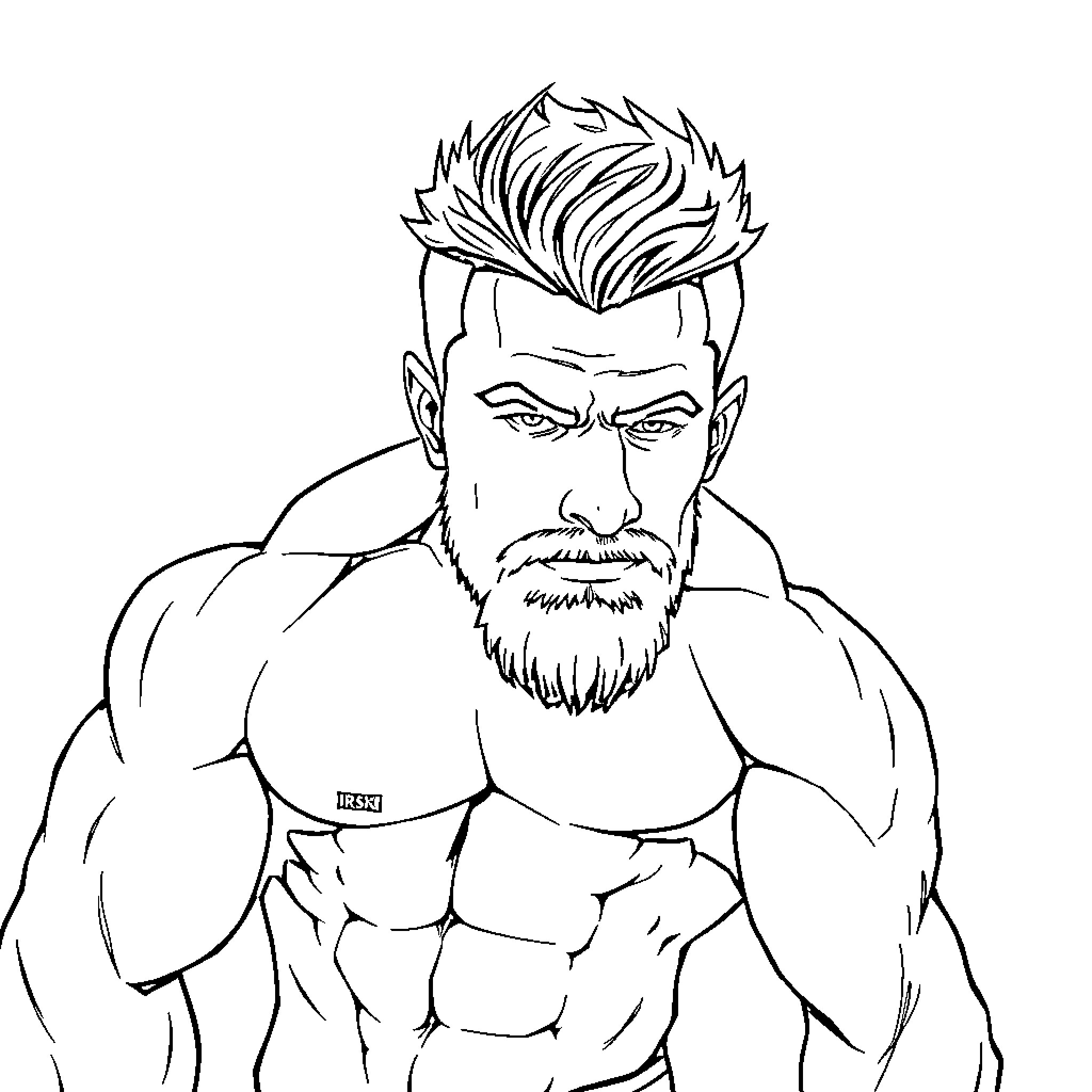 Man with muscular build and intense expression Coloring Page (free black-and-white line drawing printable PDF for all, from beginners to advanced learners, including children, teens, adults, and seniors)