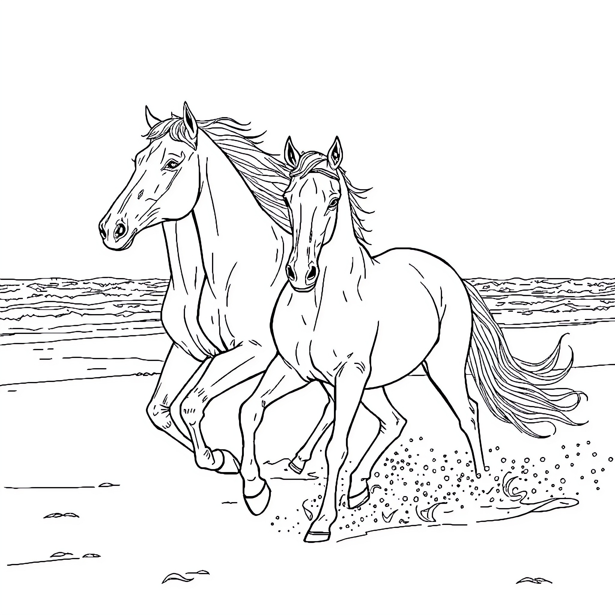 Arabian Horses galloping freely on the beach Coloring Page (free black-and-white line drawing printable PDF for all, from beginners to advanced learners, including children, teens, adults, and seniors)