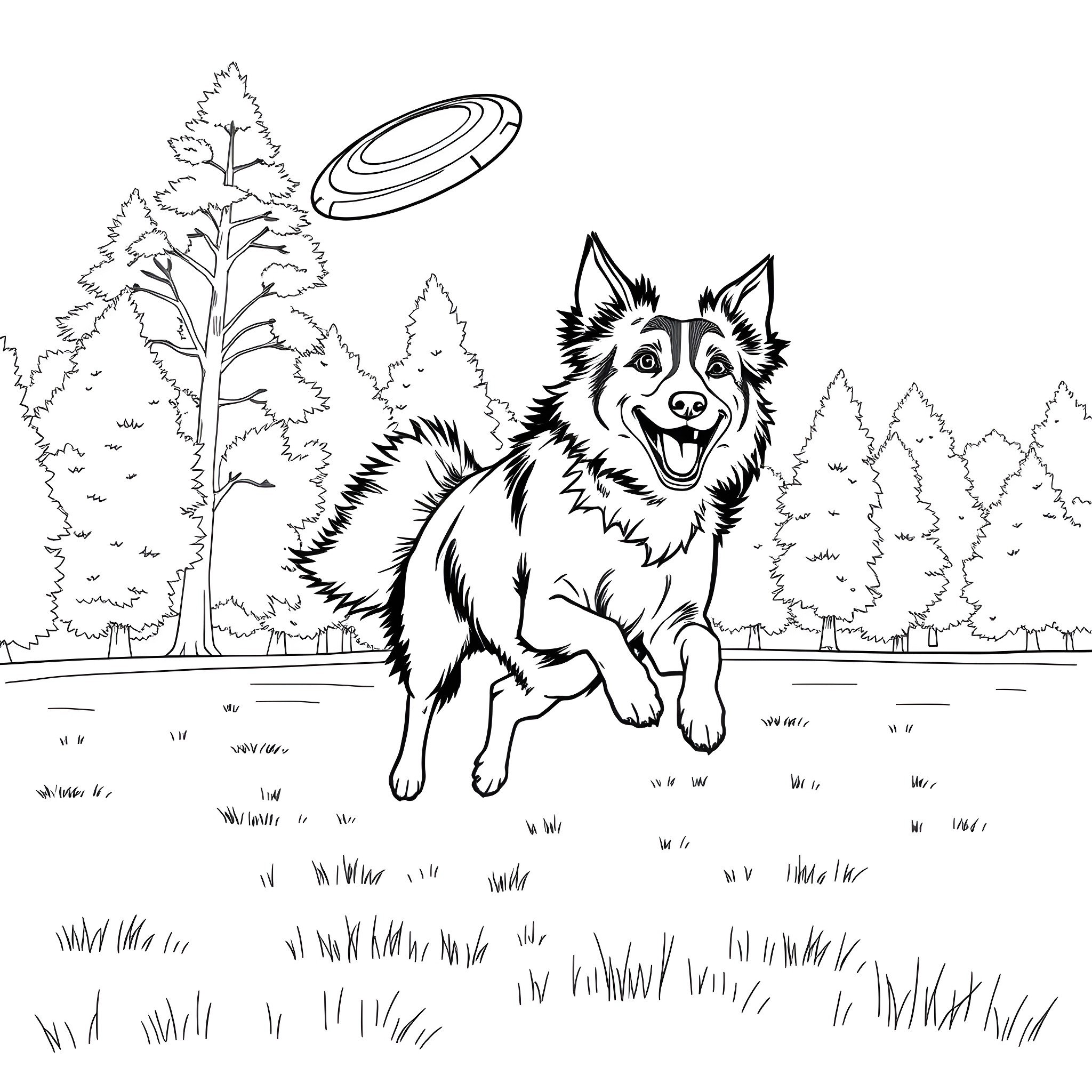 Border Collie playing joyfully in the forest Coloring Page (free black-and-white line drawing printable PDF for all, from beginners to advanced learners, including children, teens, adults, and seniors)