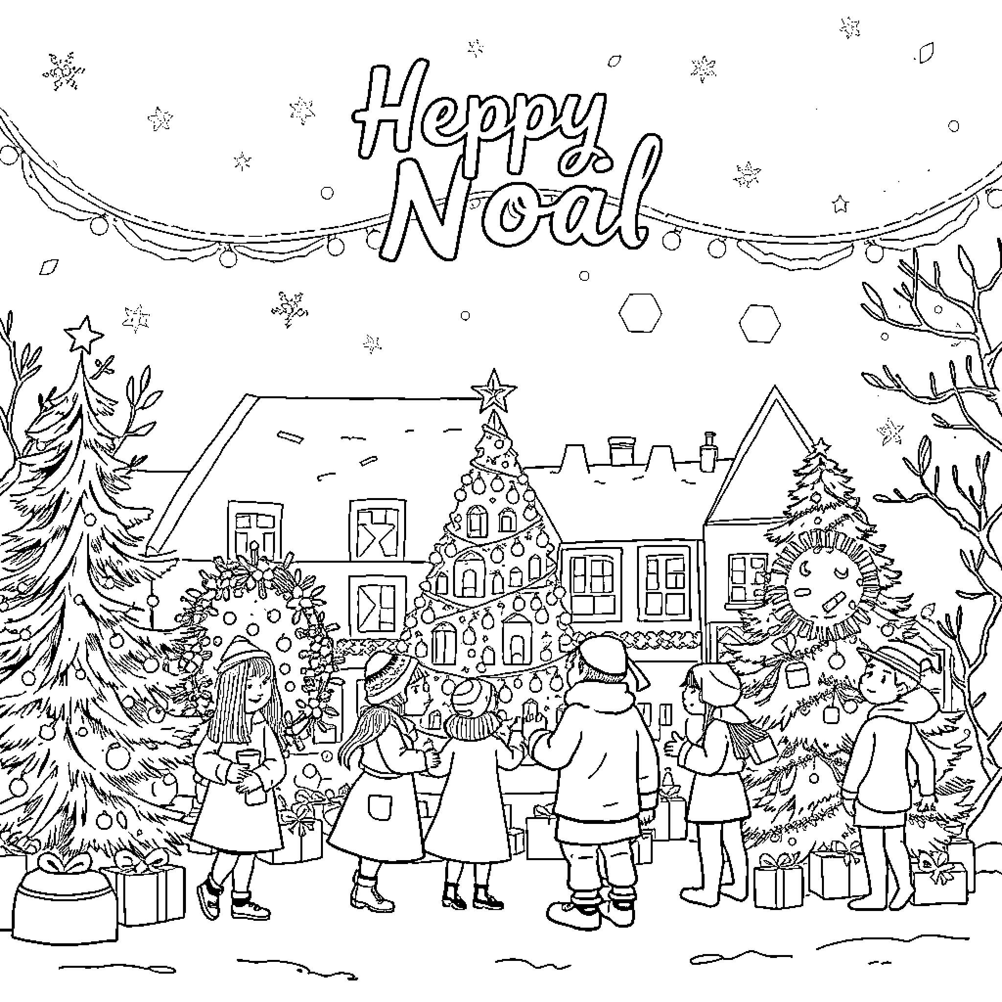 Noel's Winter Wonderland Celebration Coloring Page (free black-and-white line drawing printable PDF for all, from beginners to advanced learners, including children, teens, adults, and seniors)
