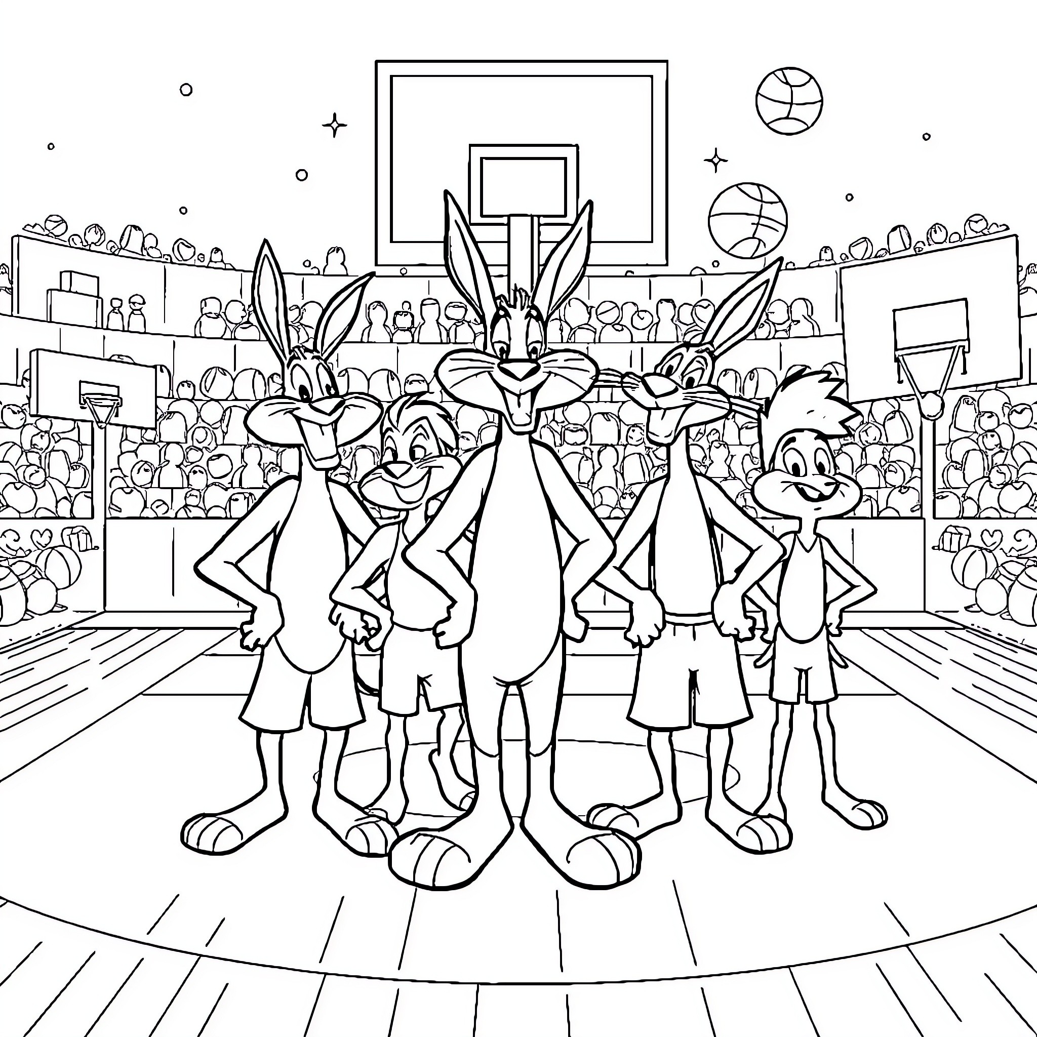 Space Jam: Looney Tunes Characters Playing Basketball Coloring Page (free black-and-white line drawing printable PDF for all, from beginners to advanced learners, including children, teens, adults, and seniors)