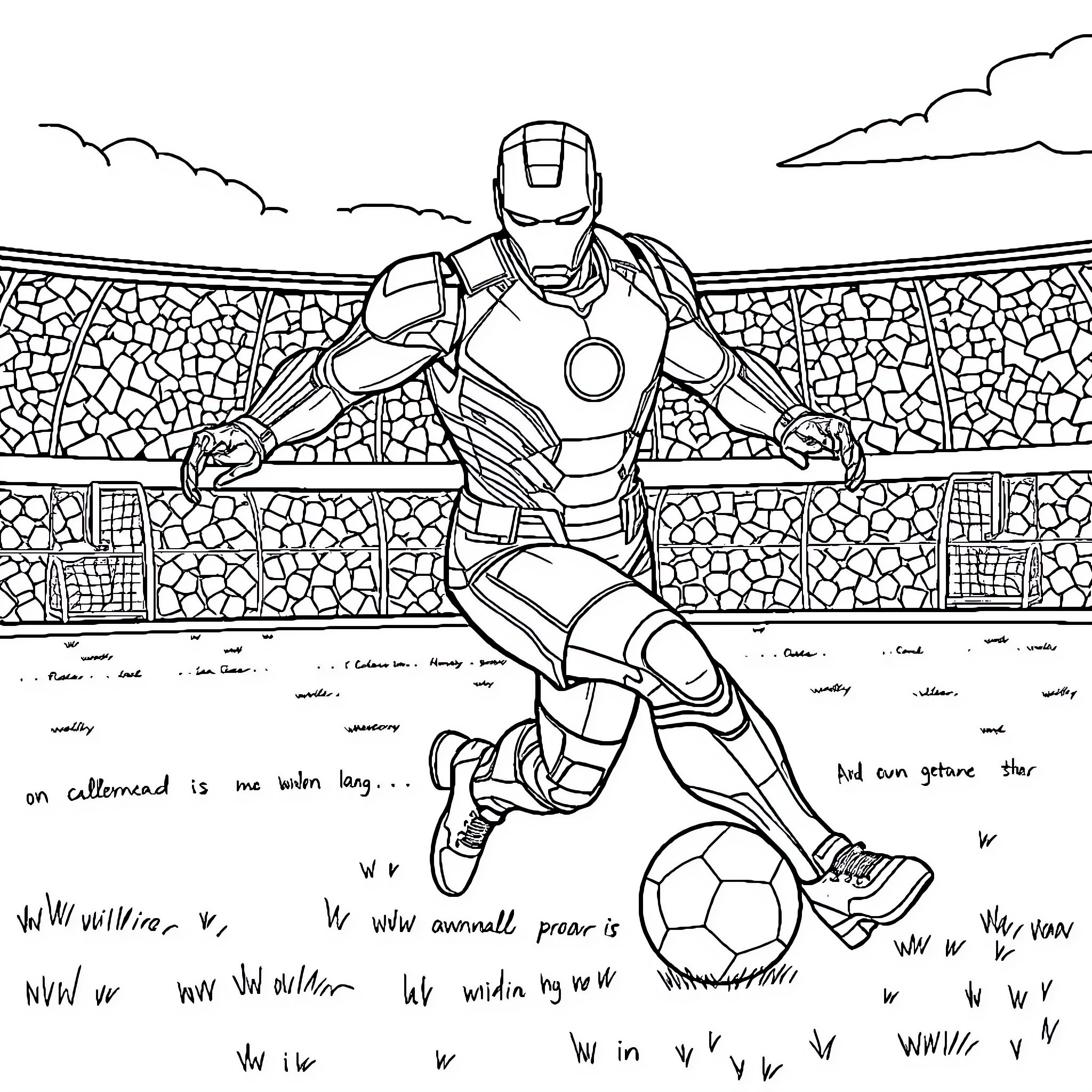 Iron Man playing soccer in stadium Coloring Page (free black-and-white line drawing printable PDF for all, from beginners to advanced learners, including children, teens, adults, and seniors)