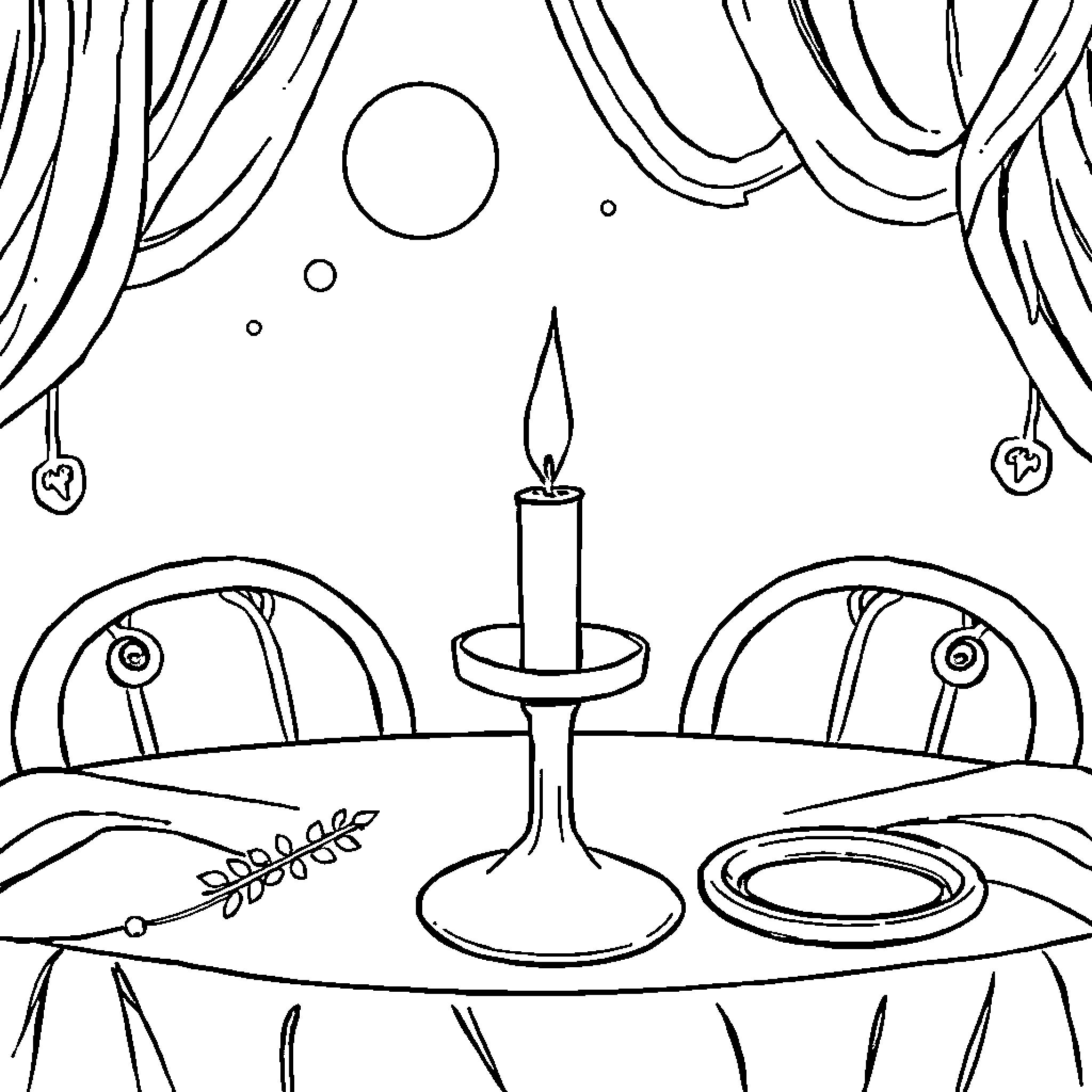 Candle lit on a table with decorative elements Coloring Page (free black-and-white line drawing printable PDF for all, from beginners to advanced learners, including children, teens, adults, and seniors)
