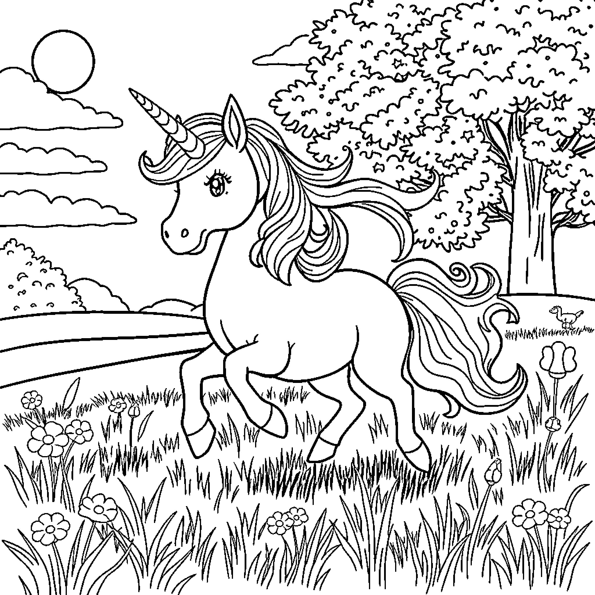 Unicorn galloping through a magical forest Coloring Page (free black-and-white line drawing printable PDF for all, from beginners to advanced learners, including children, teens, adults, and seniors)