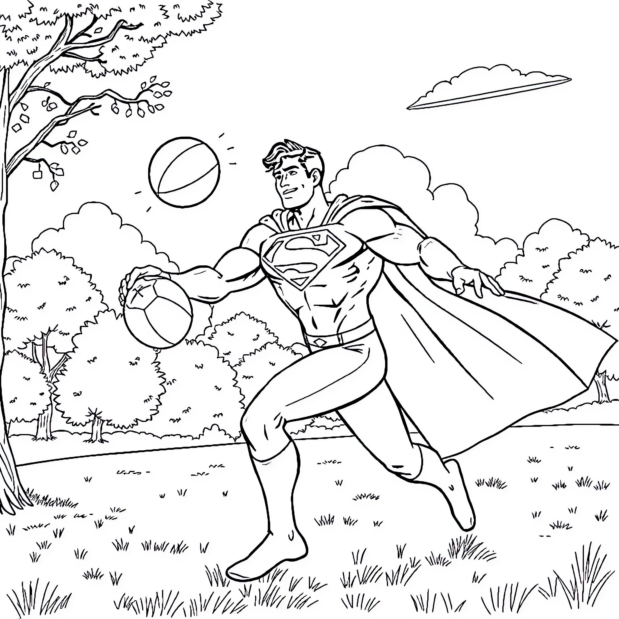 Superman heroic pose in nature Coloring Page (free black-and-white line drawing printable PDF for all, from beginners to advanced learners, including children, teens, adults, and seniors)