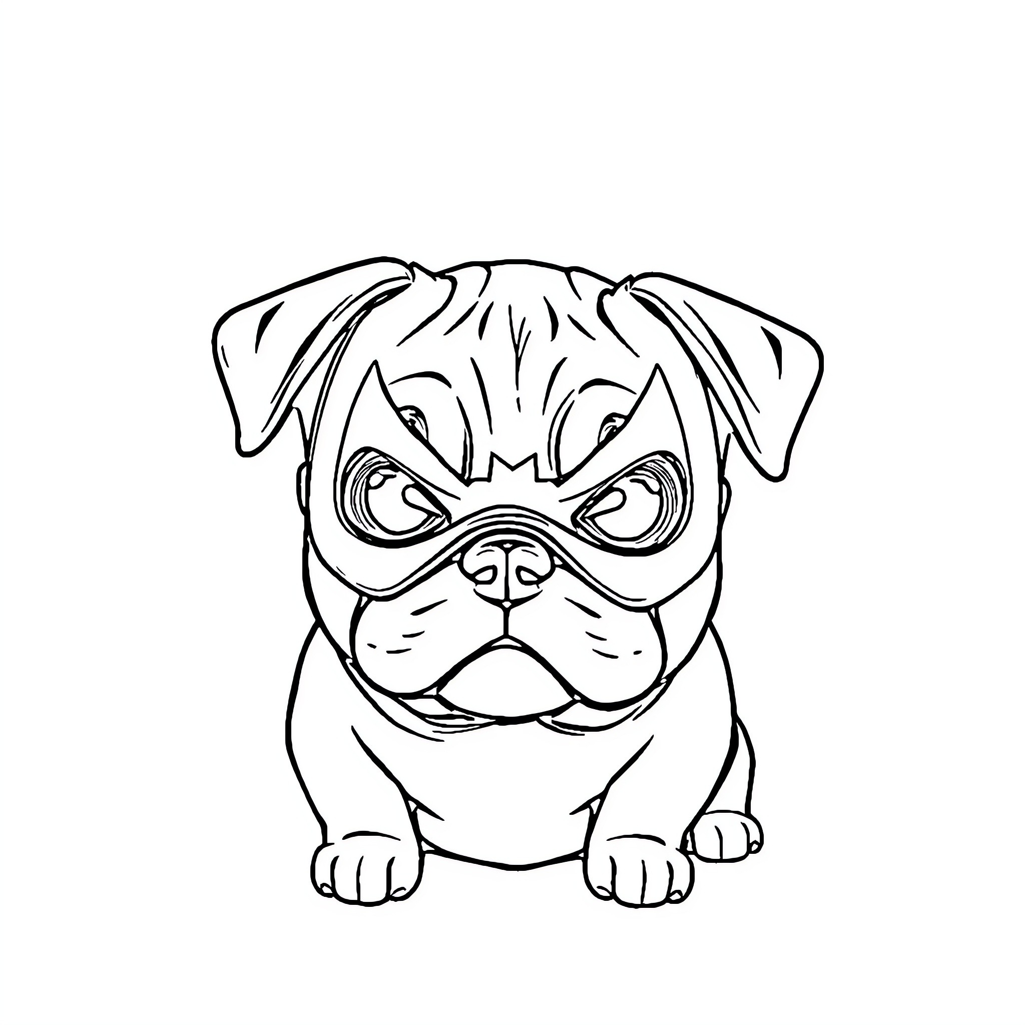 Pug with superhero mask Coloring Page (free black-and-white line drawing printable PDF for all, from beginners to advanced learners, including children, teens, adults, and seniors)