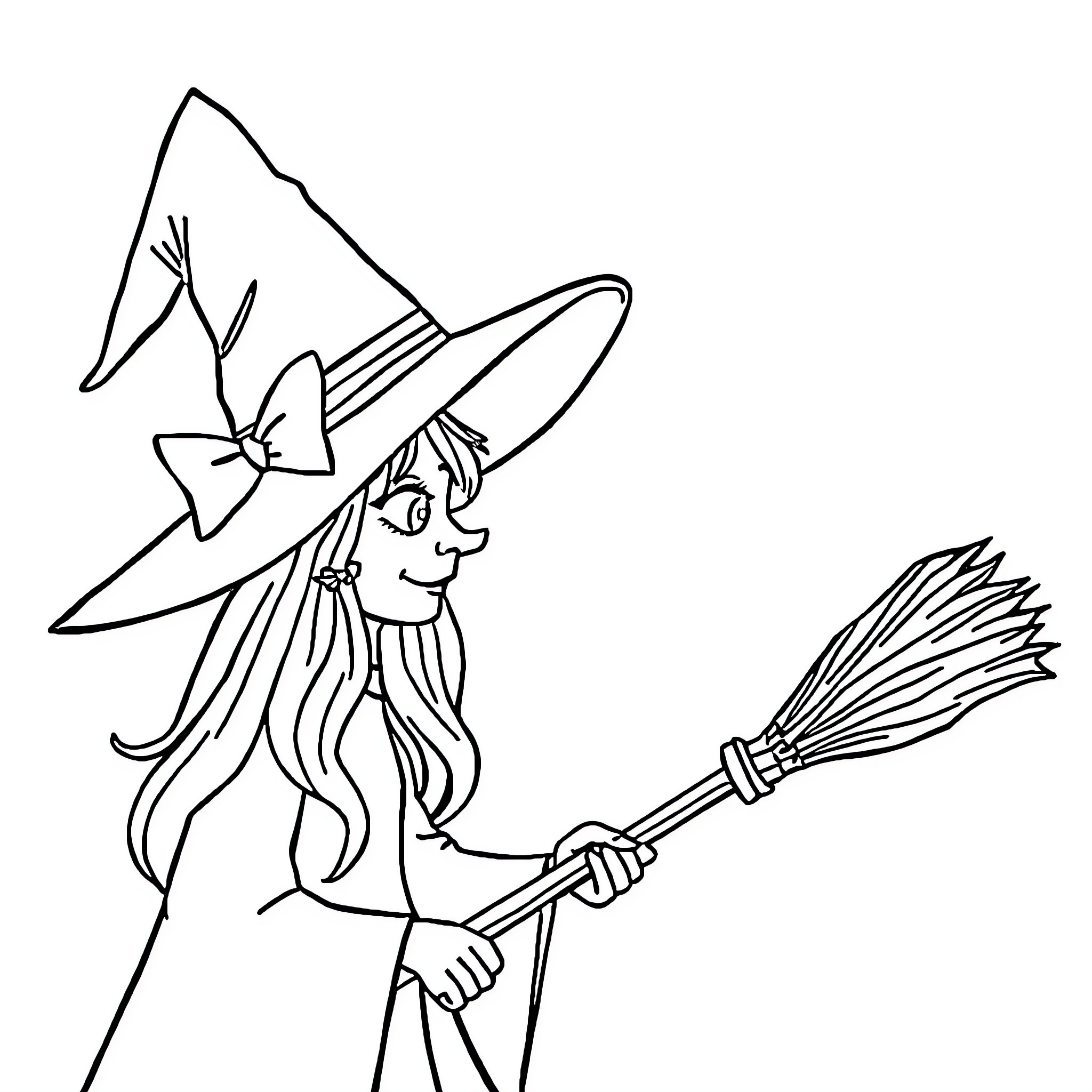 Witch casting a spell with magic broom Coloring Page (free black-and-white line drawing printable PDF for all, from beginners to advanced learners, including children, teens, adults, and seniors)