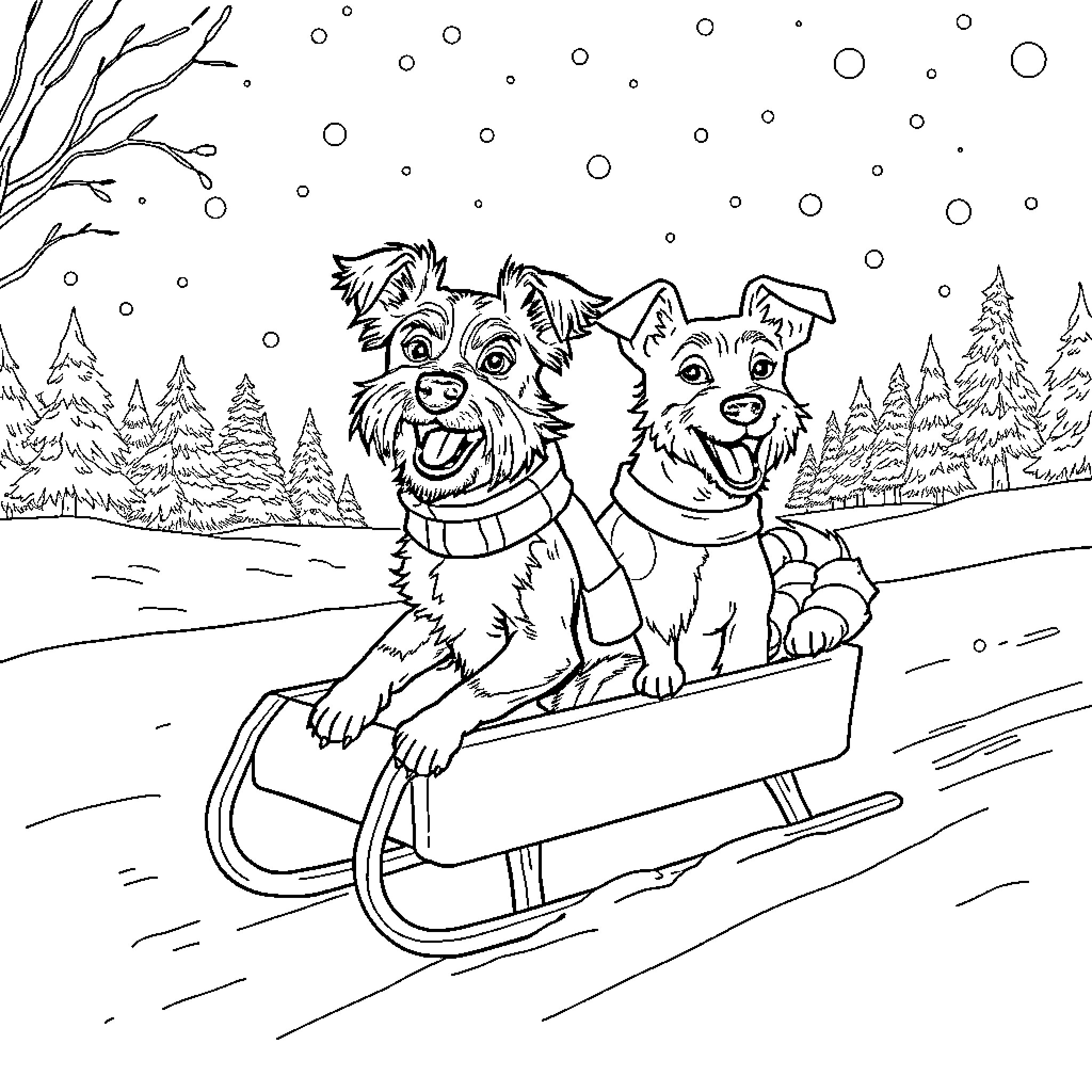 Dogs playing together on a snowy sled Coloring Page (free black-and-white line drawing printable PDF for all, from beginners to advanced learners, including children, teens, adults, and seniors)