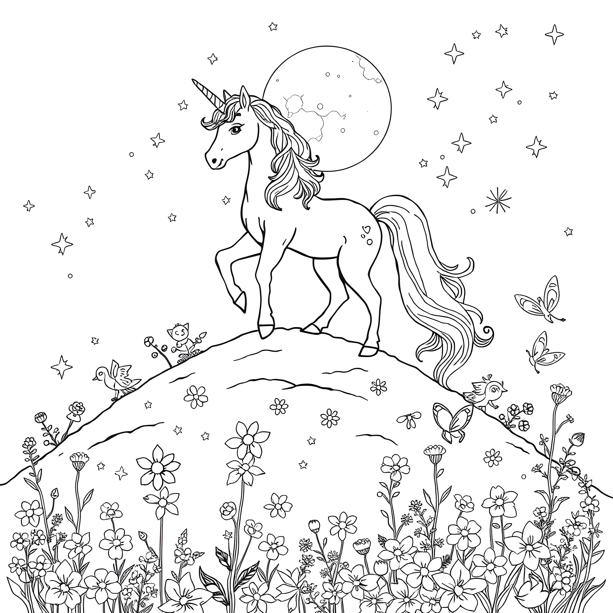 Unicorn in a magical floral landscape Coloring Page (free black-and-white line drawing printable PDF for all, from beginners to advanced learners, including children, teens, adults, and seniors)