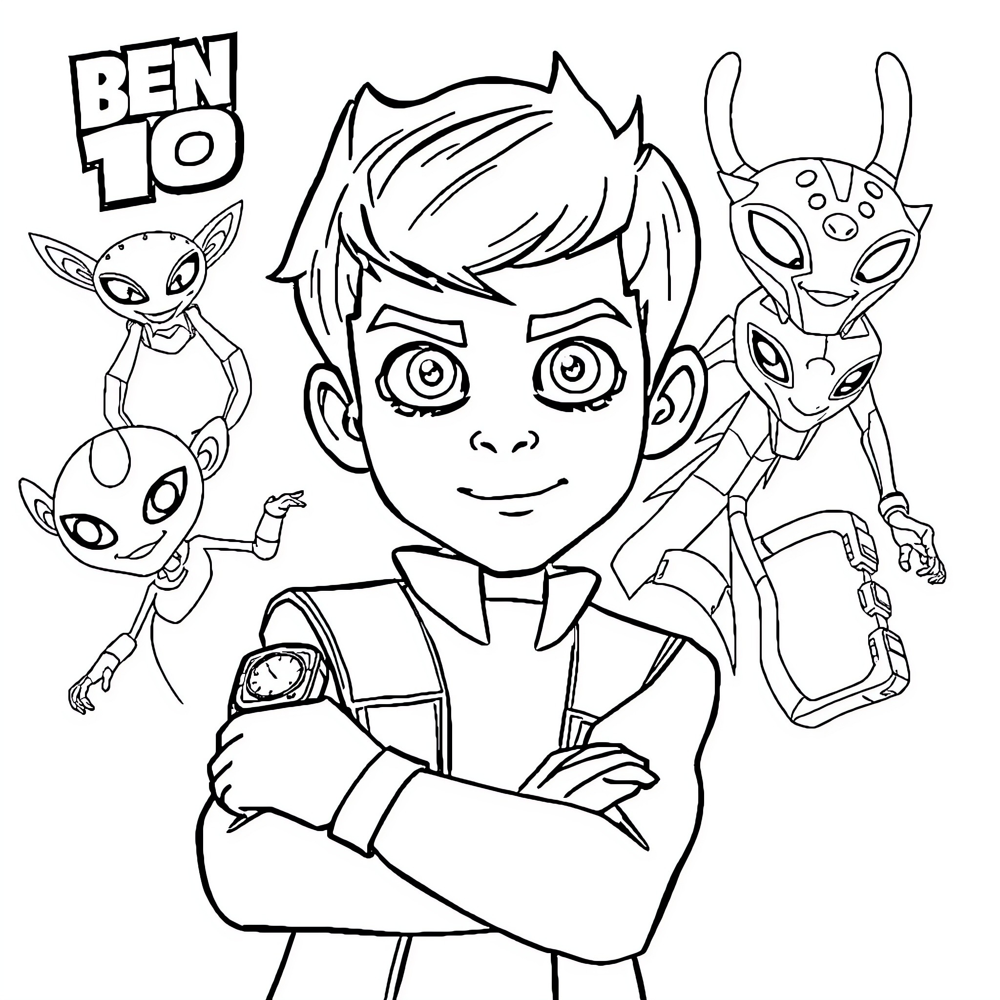 Ben 10 with Alien Heroes in Action Coloring Page (free black-and-white line drawing printable PDF for all, from beginners to advanced learners, including children, teens, adults, and seniors)