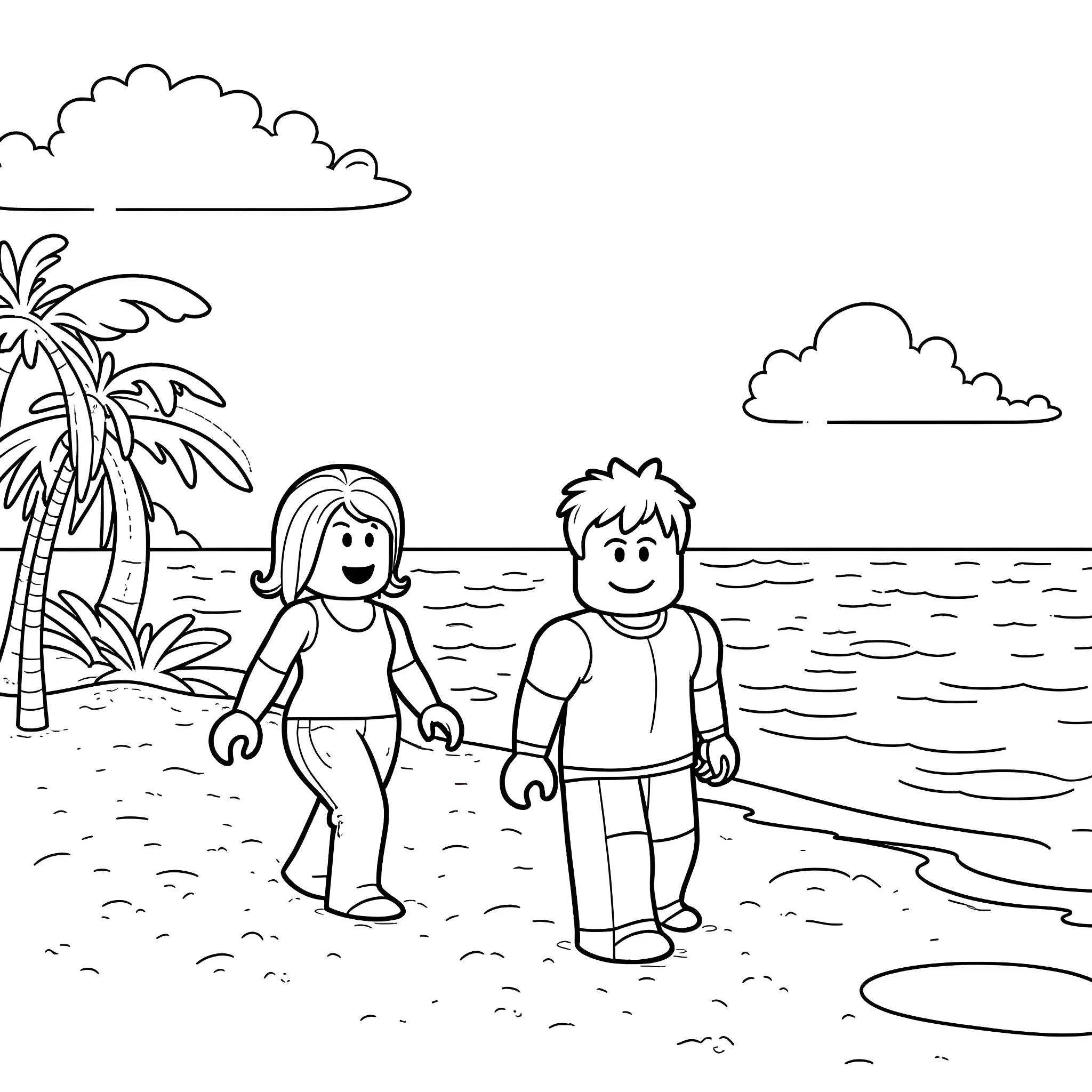 Roblox Character exploring a tropical beach with friends Coloring Page (free black-and-white line drawing printable PDF for all, from beginners to advanced learners, including children, teens, adults, and seniors)