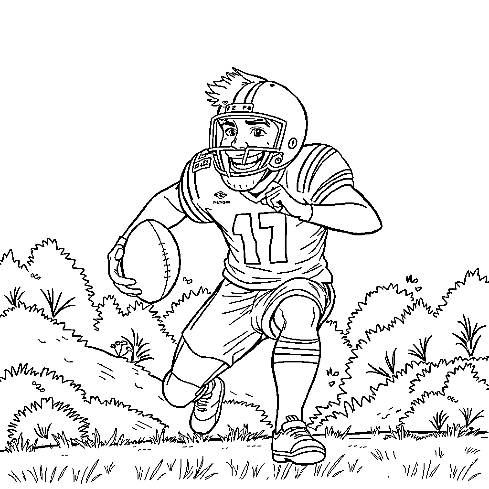 Damon Hunter Running with Football on Field Coloring Page (free black-and-white line drawing printable PDF for all, from beginners to advanced learners, including children, teens, adults, and seniors)