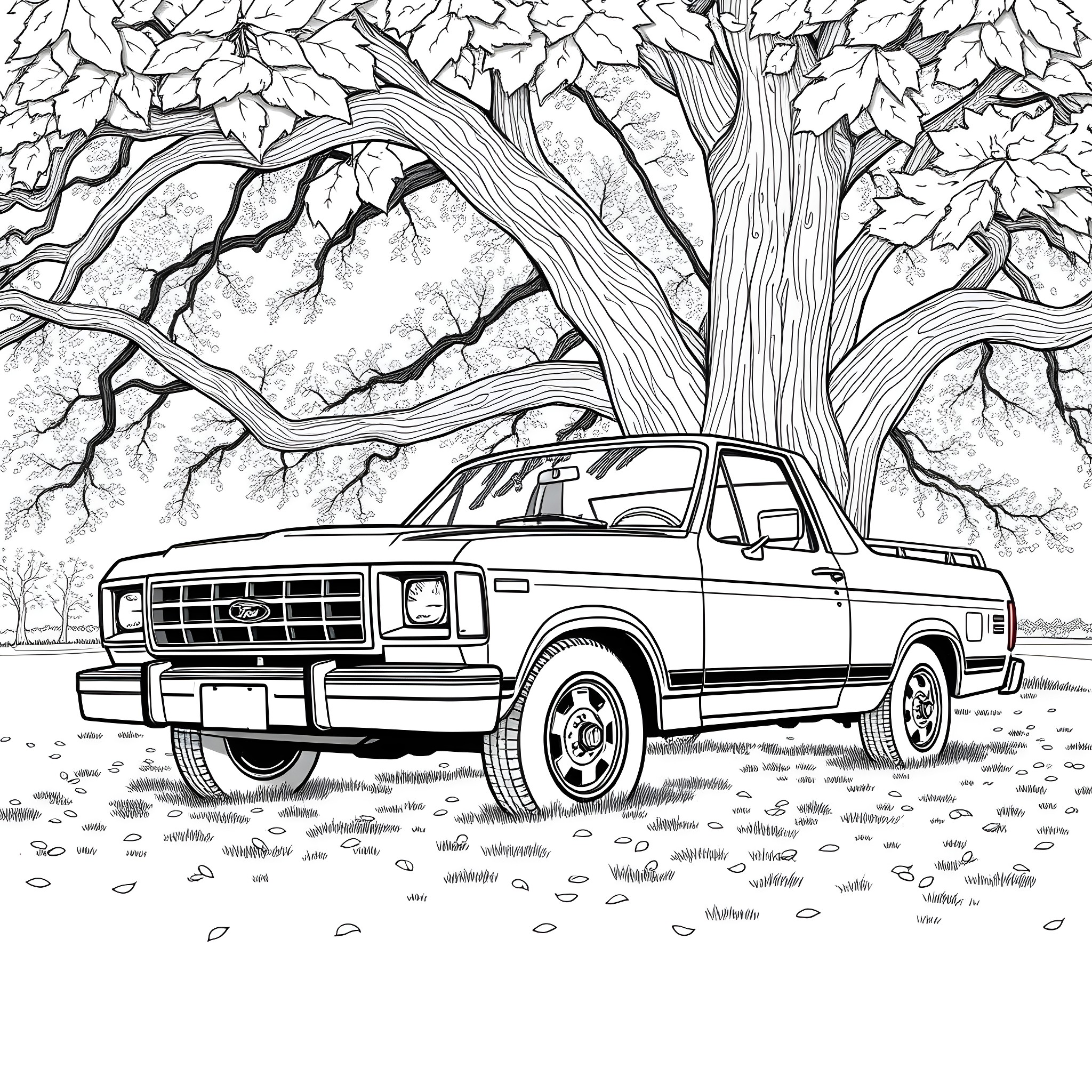 Ford pickup truck in the autumn landscape Coloring Page (free black-and-white line drawing printable PDF for all, from beginners to advanced learners, including children, teens, adults, and seniors)