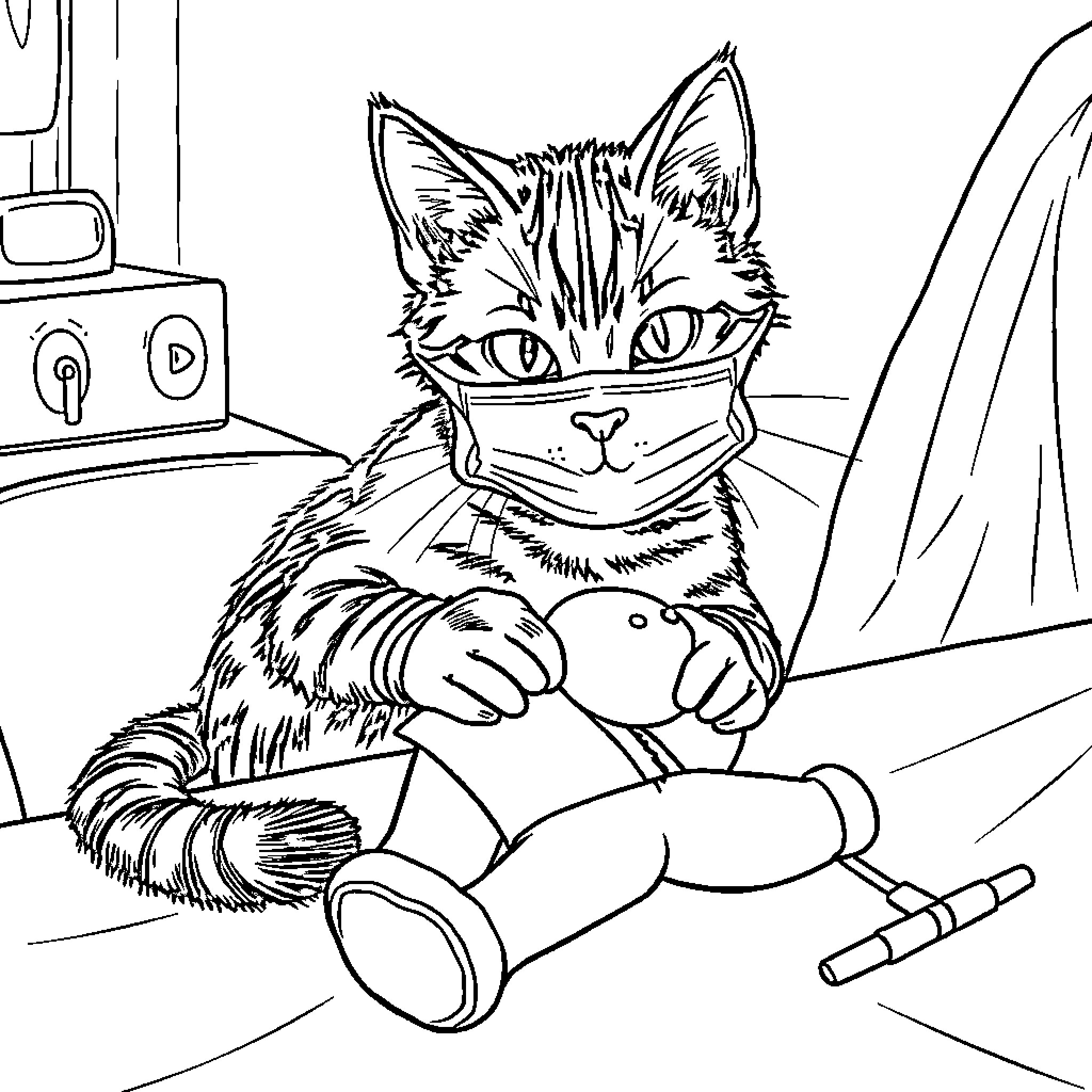 Cat playing with toy in home Coloring Page (free black-and-white line drawing printable PDF for all, from beginners to advanced learners, including children, teens, adults, and seniors)
