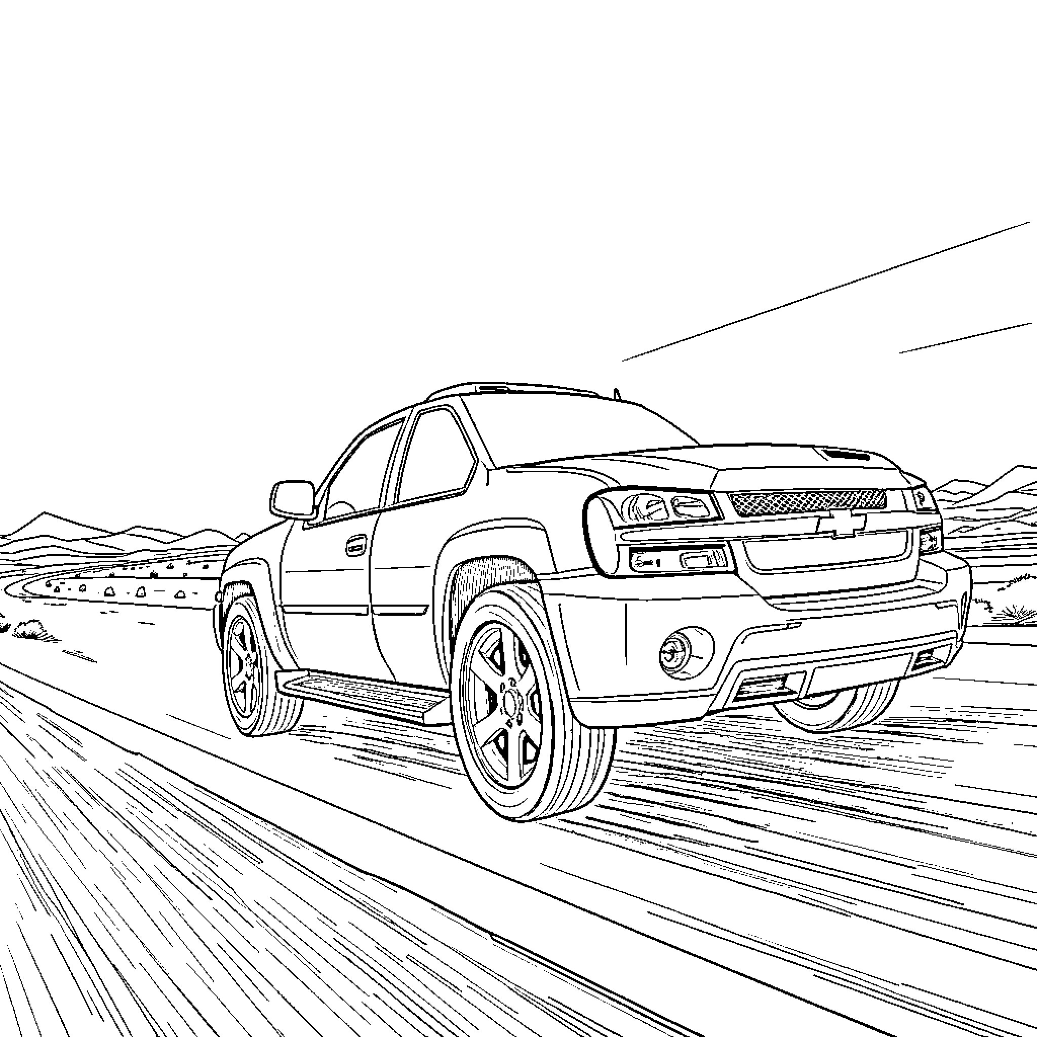 Chevrolet TrailBlazer speeding on the open road Coloring Page (free black-and-white line drawing printable PDF for all, from beginners to advanced learners, including children, teens, adults, and seniors)